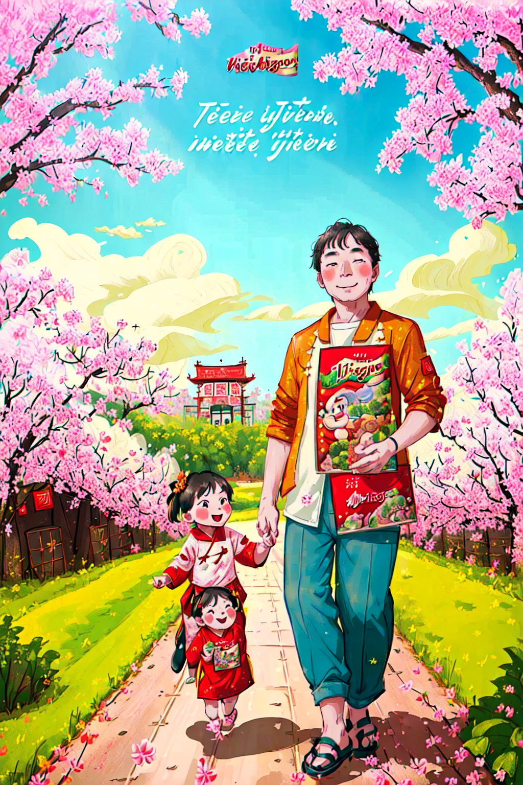 (best quality, masterpiece, high_resolution:1.5), a Vietnamese father and his small daughter are going to the park for new year festival, happy, smile, sakura, 2D flat,Tet Viet