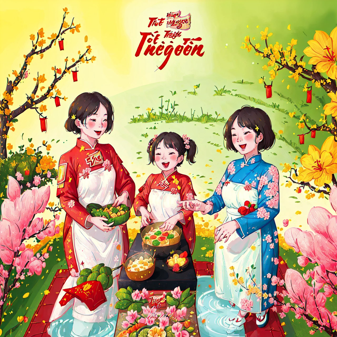 (best quality, masterpiece, high_resolution:1.5), Tet Viet, a Vietnamese family is preparing for the first meal of new year, happy, smile, sakura, best illustration, 2D flat