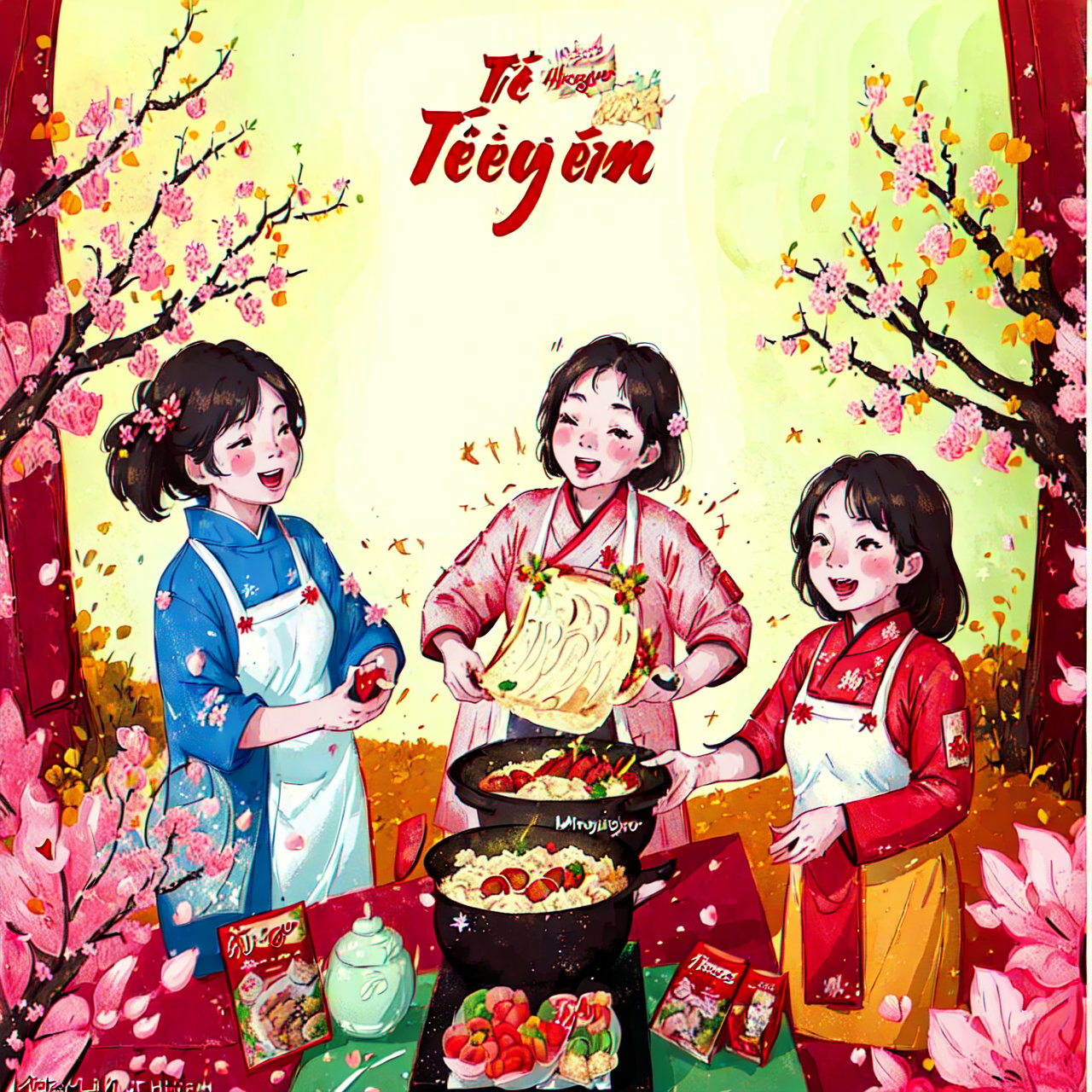 (best quality, masterpiece, high_resolution:1.5), Tet Viet, a family is preparing for the first meal of new year, happy, smile, sakura, best illustration 