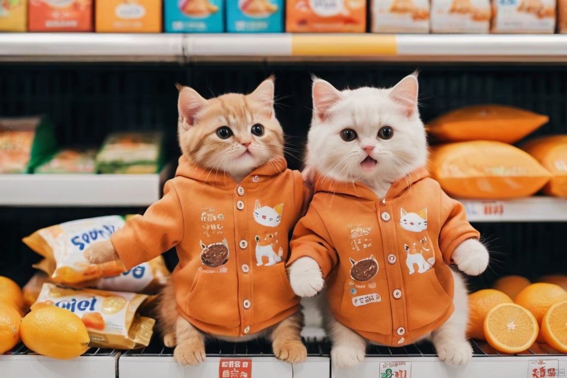  two cats,one cat wear orange hoody,another cat wear brown jacket,purchasing goods,in supermarket,laugh,open mouth,super cute,photography,super realistic, front view,no blurry,clear background,super detailed,spring festival,