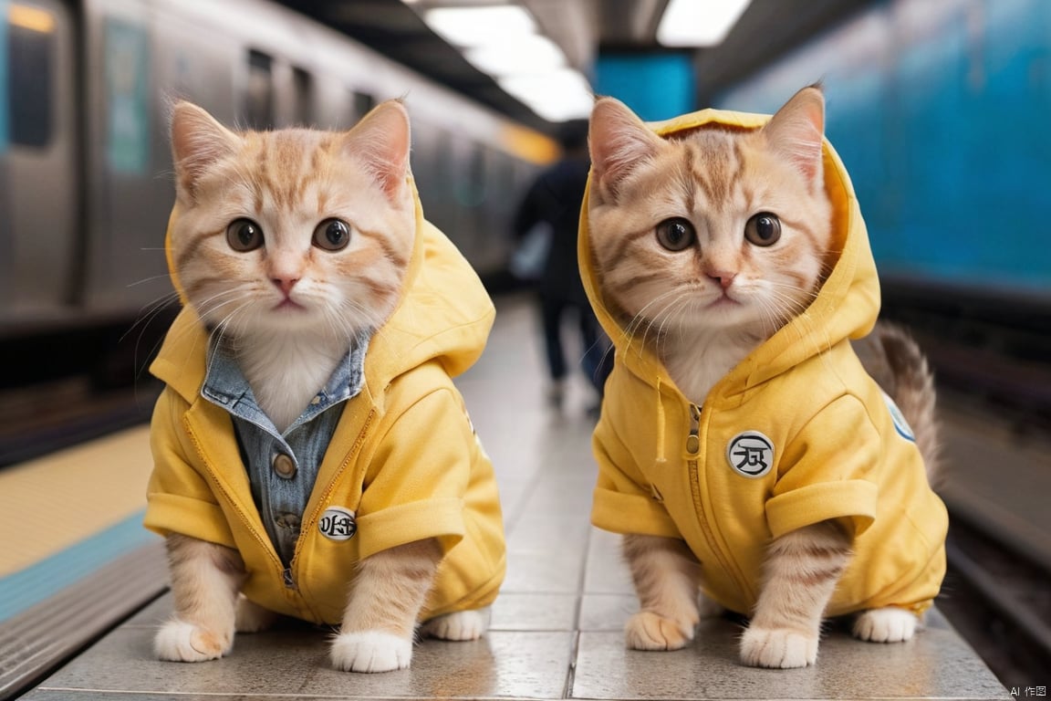  two cats,one cat wear yellow hoody,another cat wear brown jacket,In the subway station,people around,super cute,photography,super realistic, front view,no blurry,clear background,super detailed, maomika, chinese woman