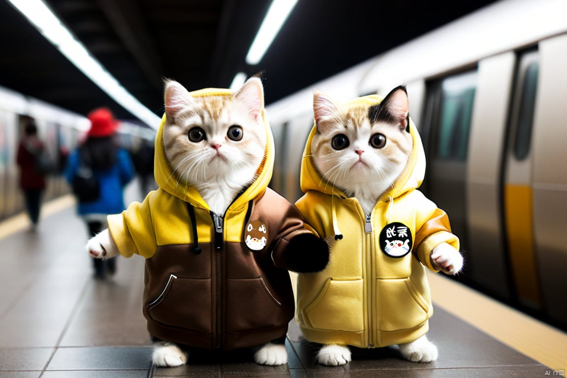  two cats,one cat wear yellow hoody,another cat wear brown jacket,In the subway station,people around,super cute,photography,super realistic, front view,no blurry,clear background,super detailed, maomika, chinese woman