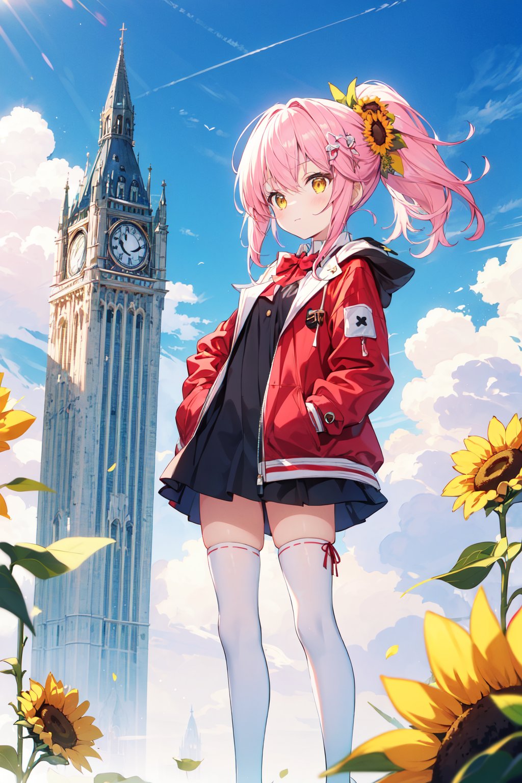 (best quality),((masterpiece)),(highres),standing,(full body),(black thighhighs),original,extremely detailed wallpaper,(an extremely delicate and beautiful),(loli:1.2),(petite:1.2),Pink hair,Yellow eyes,(red Jacket),high ponytail,white collared shirt,hair flower,fipped hair,floating hair,Frown,hands in pockets,black dress,red bowtie,(solo),sky,skyline,skyscraper,smile,solo,sunflower,tower,upper_body,white flower,