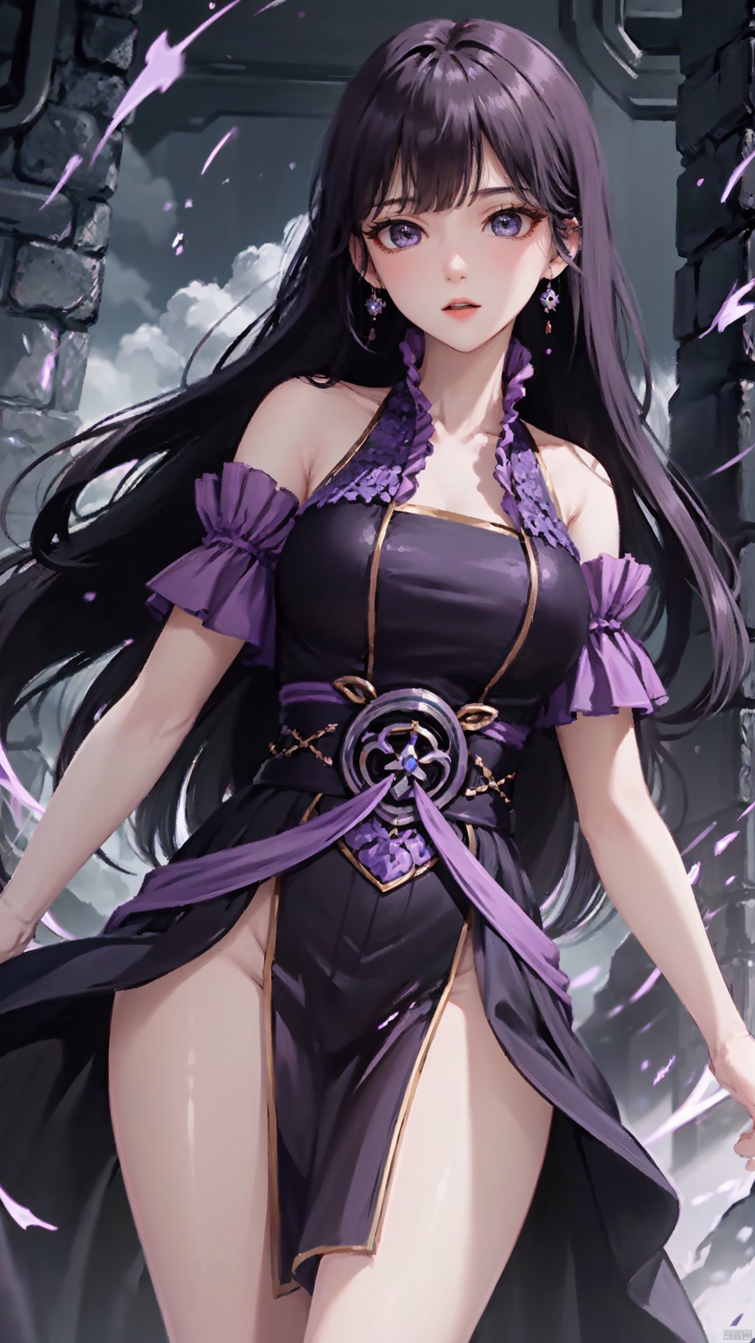  masterpiece,best quality,1girl, black hair, solo, dress, jewelry, earrings, long hair, bare shoulders, bangs, purple dress, cowboy shot, dynamic pose, dynamic angle,