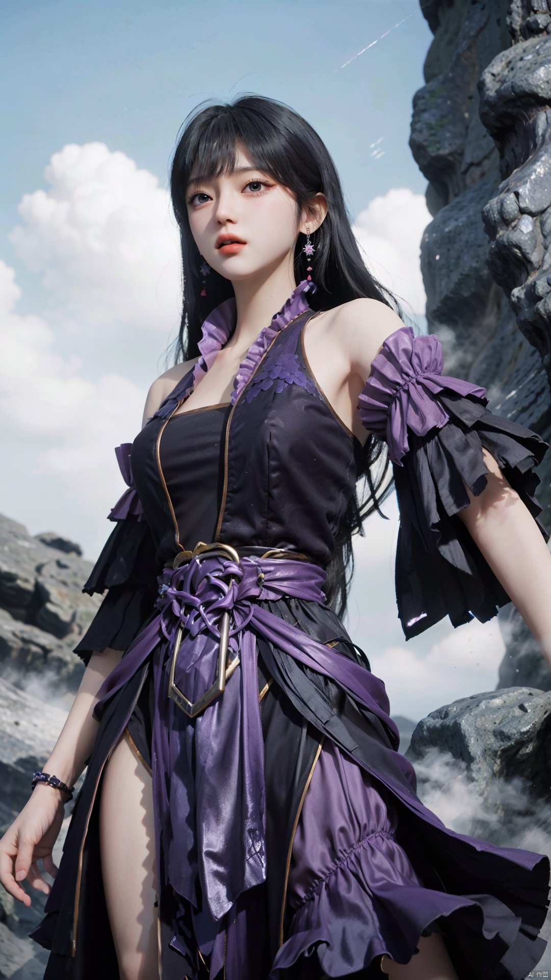  masterpiece,best quality,1girl, black hair, solo, dress, jewelry, earrings, long hair, bare shoulders, bangs, purple dress, cowboy shot, dynamic pose, dynamic angle,