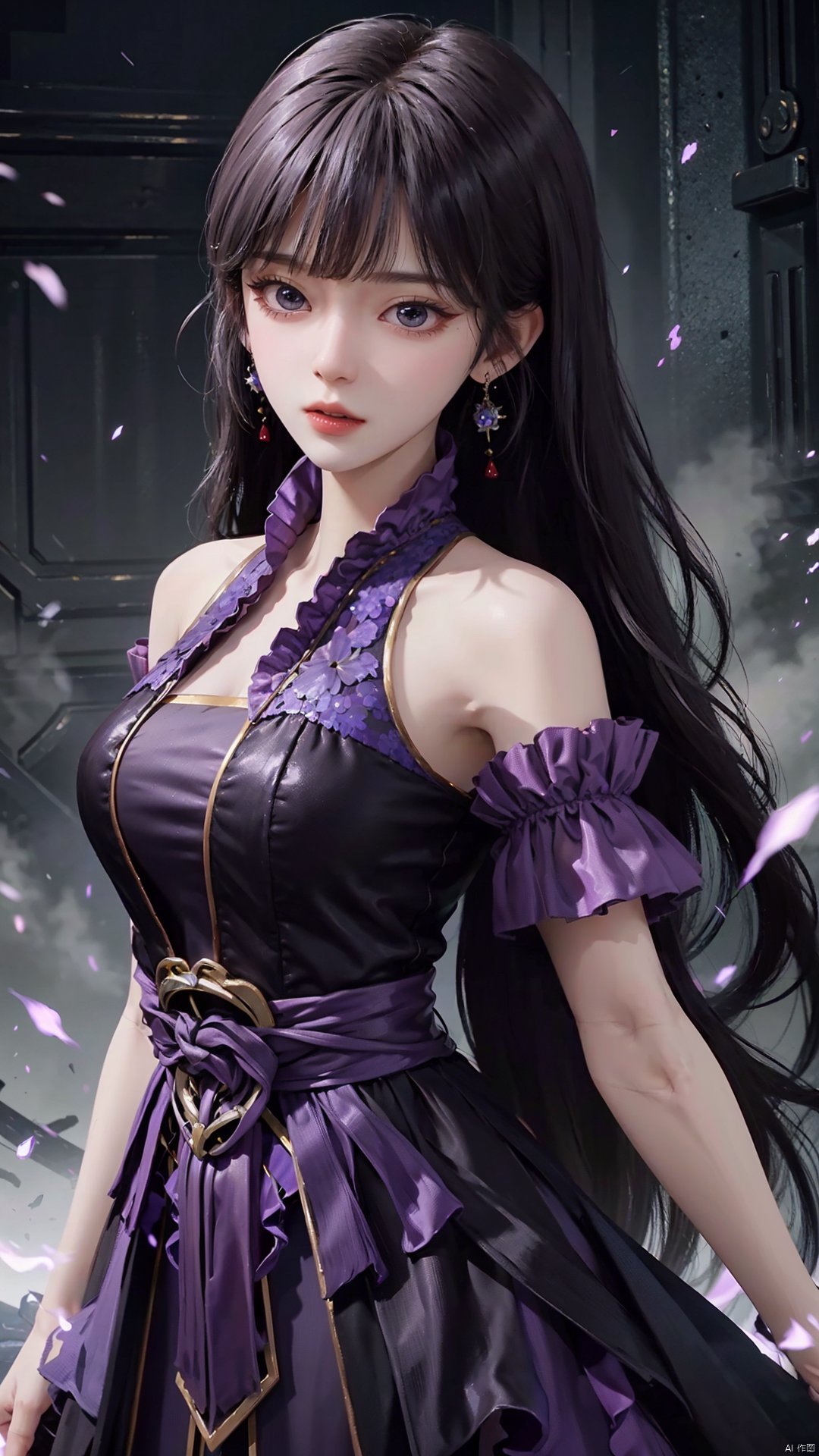  masterpiece,best quality,1girl, black hair, solo, dress, jewelry, earrings, long hair, bare shoulders, bangs, purple dress, cowboy shot, dynamic pose, dynamic angle,