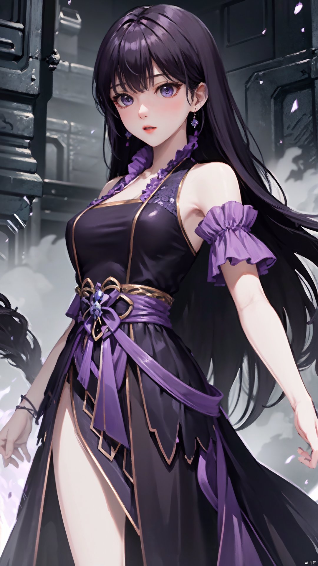  masterpiece,best quality,1girl, black hair, solo, dress, jewelry, earrings, long hair, bare shoulders, bangs, purple dress, cowboy shot, dynamic pose, dynamic angle,