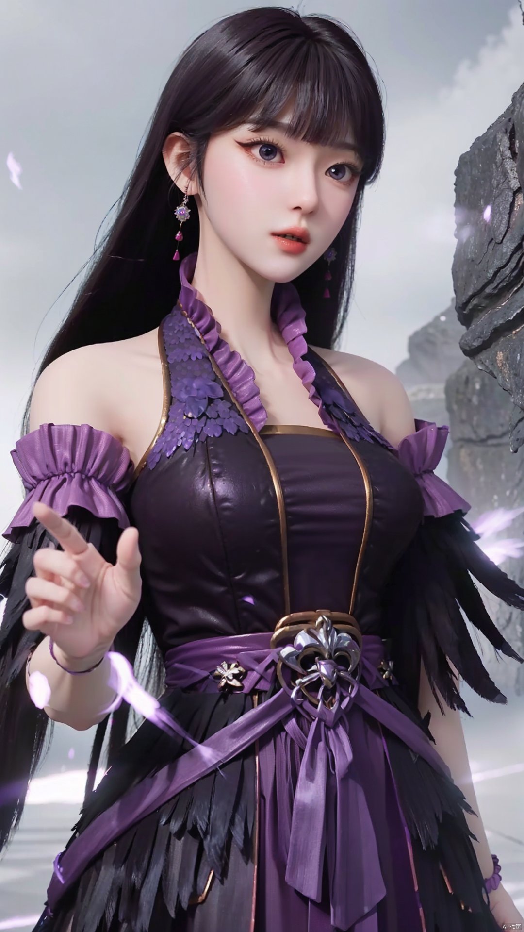  masterpiece,best quality,1girl, black hair, solo, dress, jewelry, earrings, long hair, bare shoulders, bangs, purple dress, cowboy shot, dynamic pose, dynamic angle,