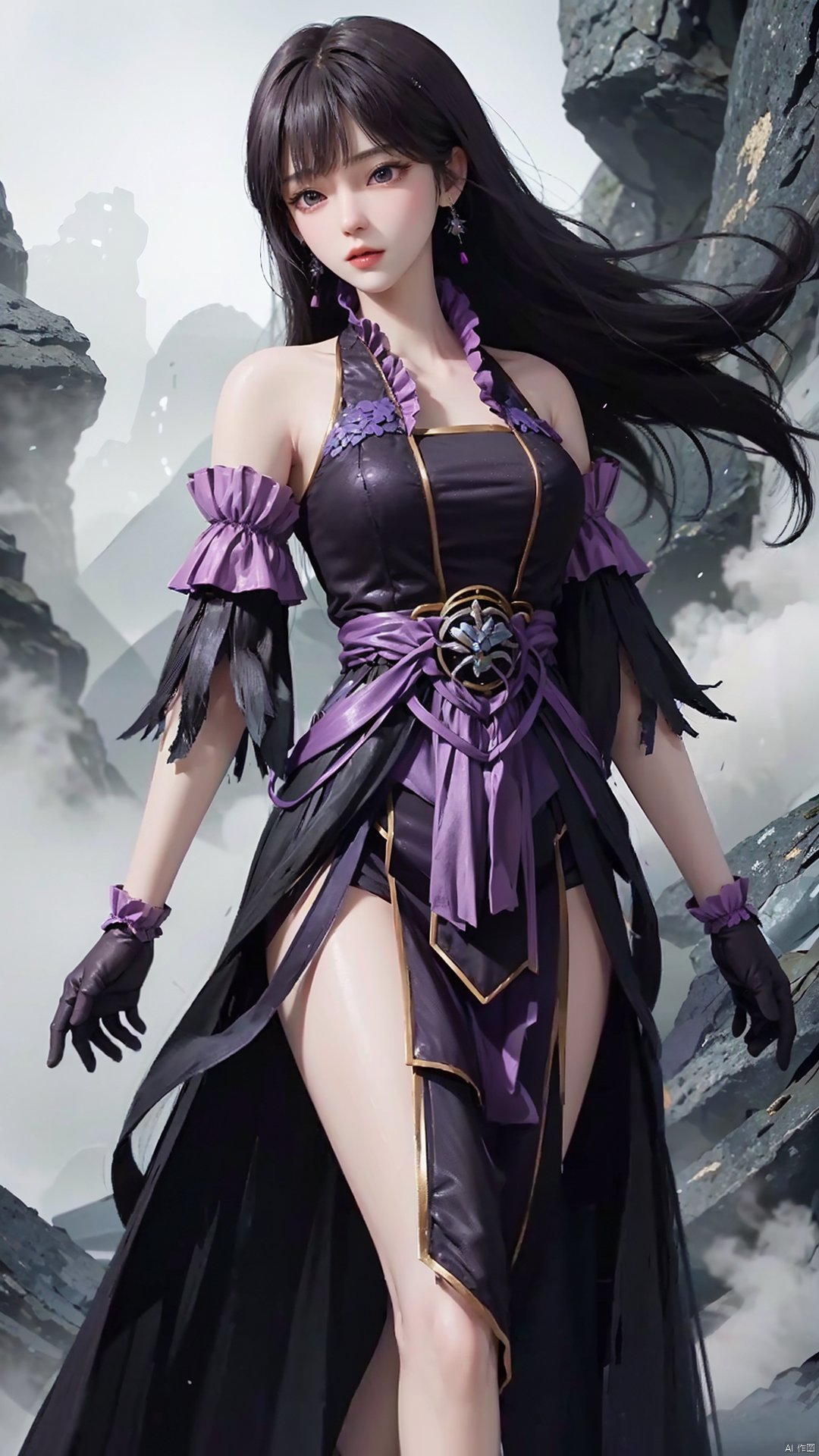  masterpiece,best quality,1girl, black hair, solo, dress, jewelry, earrings, long hair, bare shoulders, bangs, purple dress, cowboy shot, dynamic pose, dynamic angle,