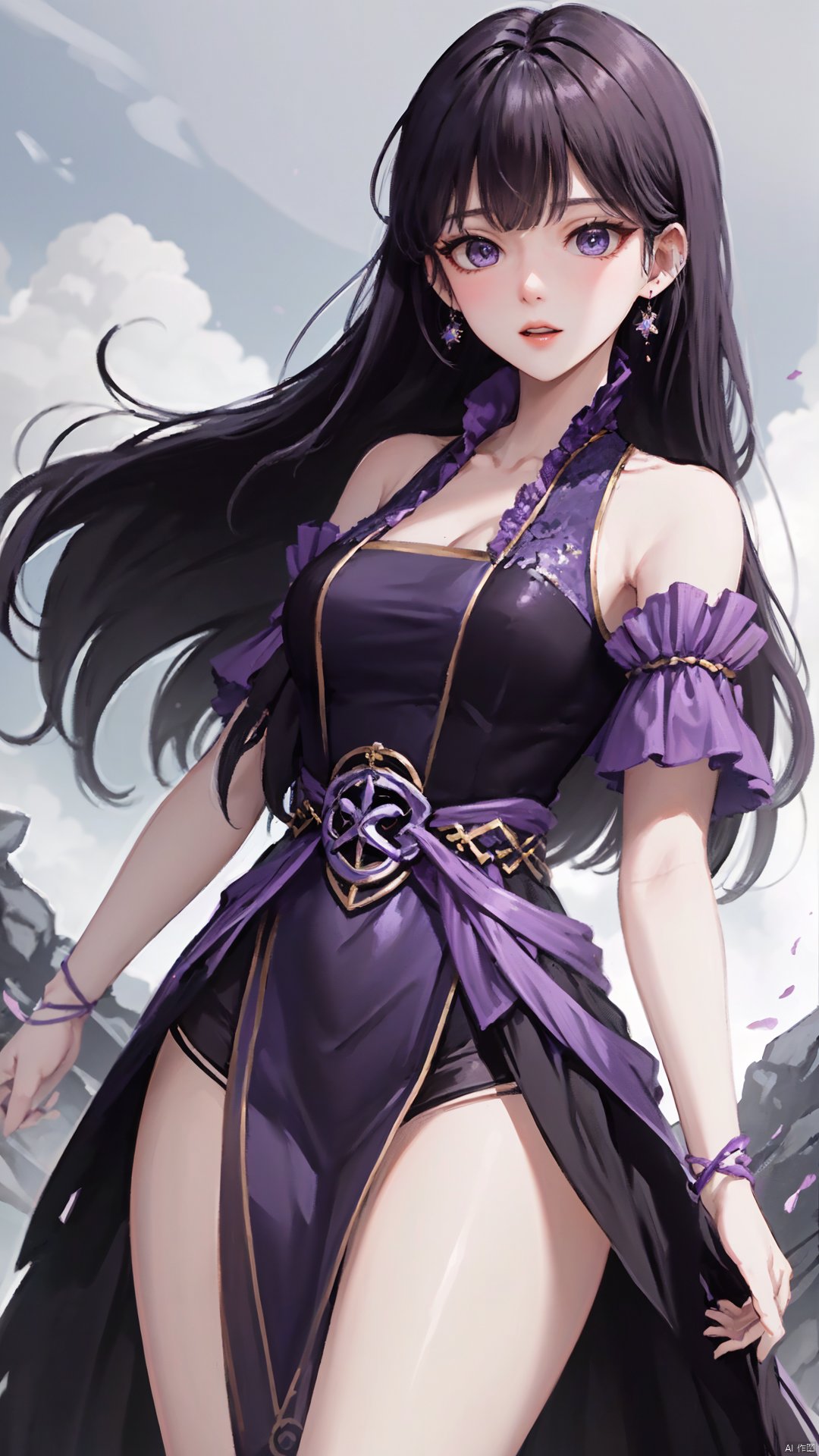  masterpiece,best quality,1girl, black hair, solo, dress, jewelry, earrings, long hair, bare shoulders, bangs, purple dress, cowboy shot, dynamic pose, dynamic angle,