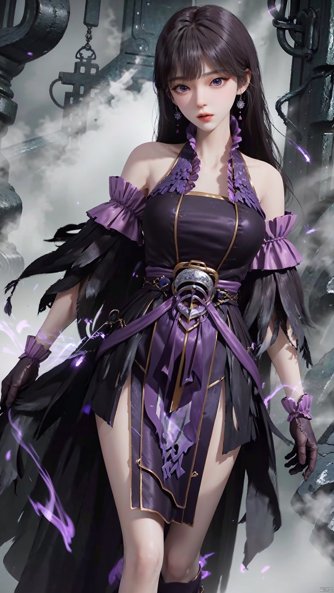  masterpiece,best quality,1girl, black hair, solo, dress, jewelry, earrings, long hair, bare shoulders, bangs, purple dress, cowboy shot, dynamic pose, dynamic angle,