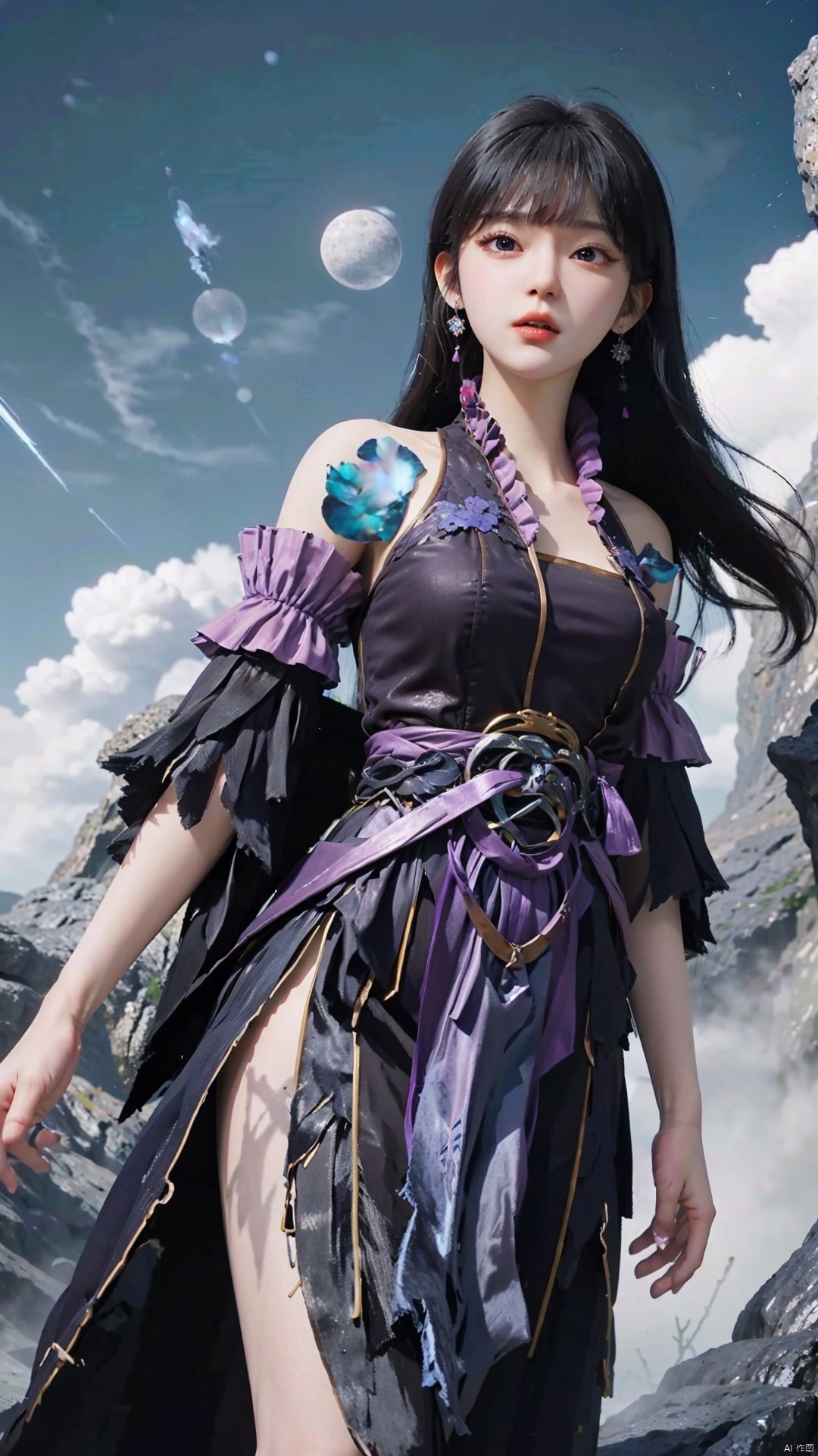  masterpiece,best quality,1girl, black hair, solo, dress, jewelry, earrings, long hair, bare shoulders, bangs, purple dress, cowboy shot, dynamic pose, dynamic angle,