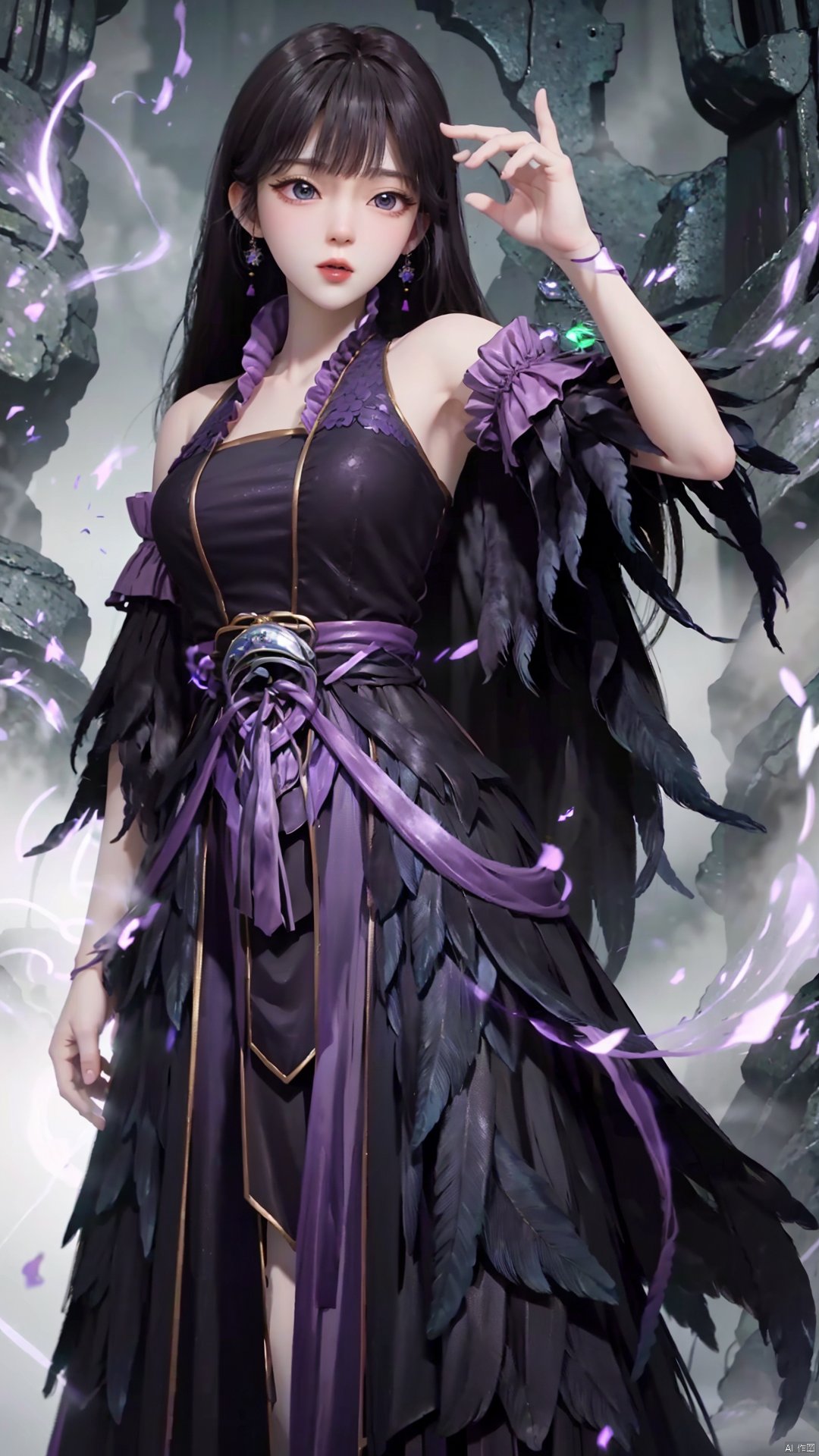  masterpiece,best quality,1girl, black hair, solo, dress, jewelry, earrings, long hair, bare shoulders, bangs, purple dress, cowboy shot, dynamic pose, dynamic angle,