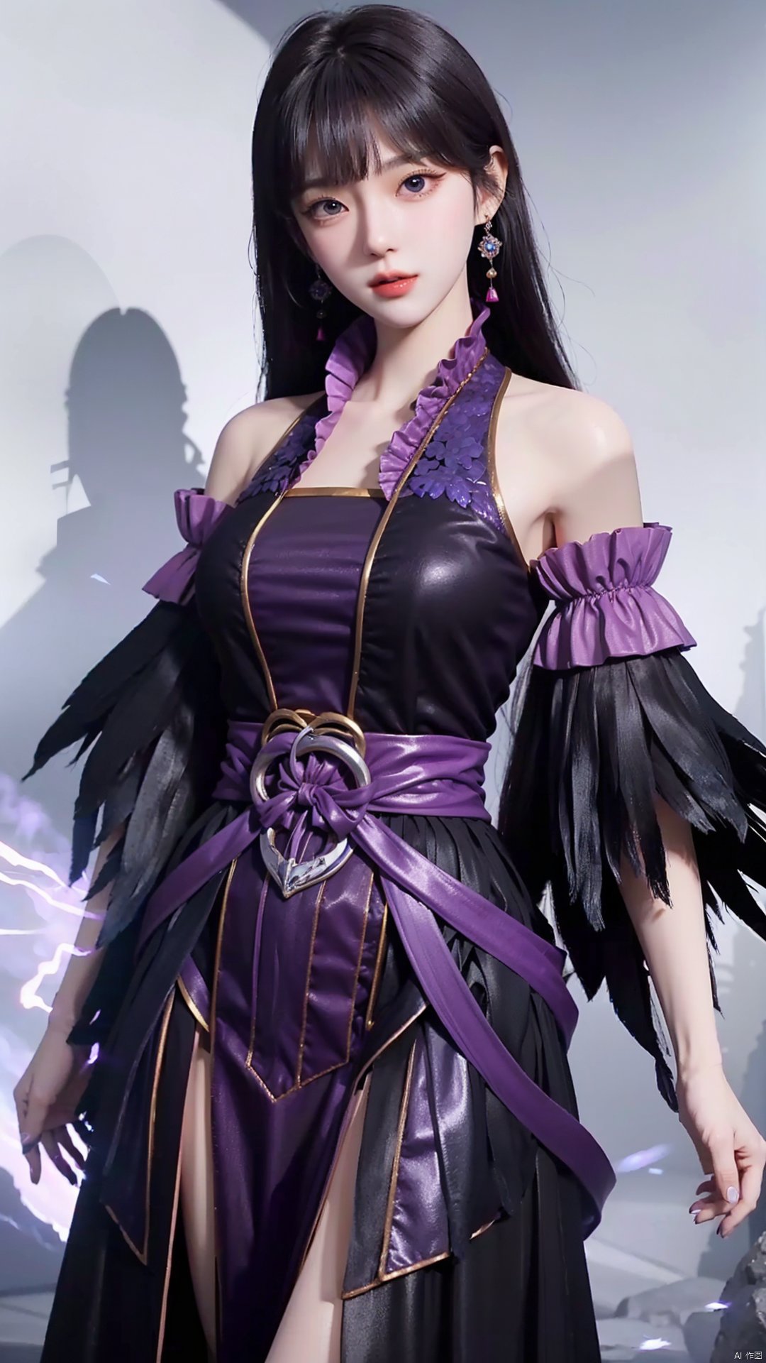  masterpiece,best quality,1girl, black hair, solo, dress, jewelry, earrings, long hair, bare shoulders, bangs, purple dress, cowboy shot, dynamic pose, dynamic angle,