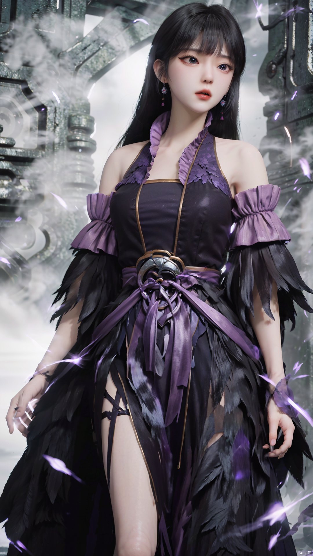  masterpiece,best quality,1girl, black hair, solo, dress, jewelry, earrings, long hair, bare shoulders, bangs, purple dress, cowboy shot, dynamic pose, dynamic angle,