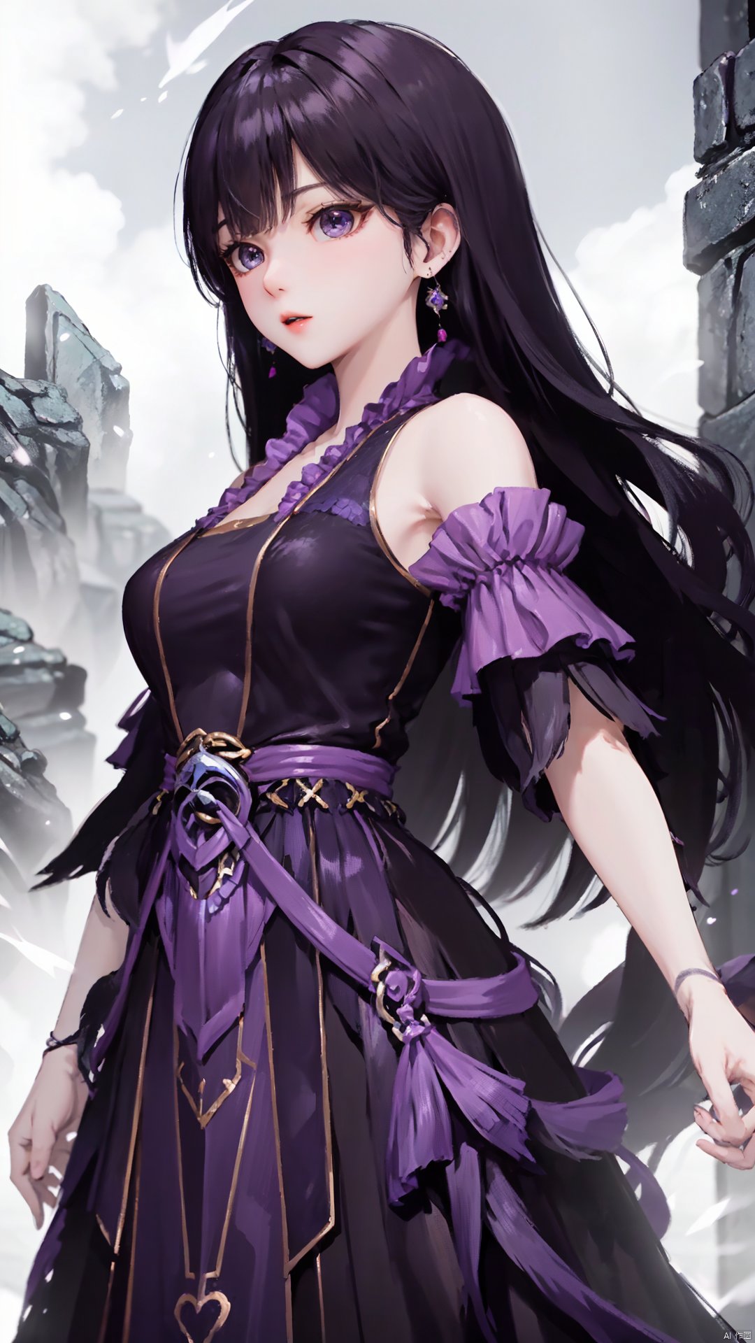  masterpiece,best quality,1girl, black hair, solo, dress, jewelry, earrings, long hair, bare shoulders, bangs, purple dress, cowboy shot, dynamic pose, dynamic angle,