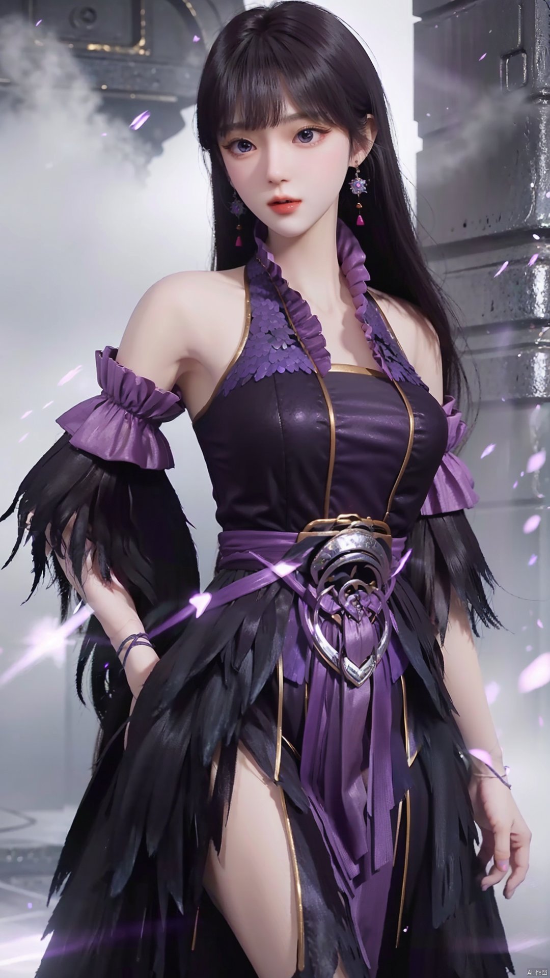  masterpiece,best quality,1girl, black hair, solo, dress, jewelry, earrings, long hair, bare shoulders, bangs, purple dress, cowboy shot, dynamic pose, dynamic angle,