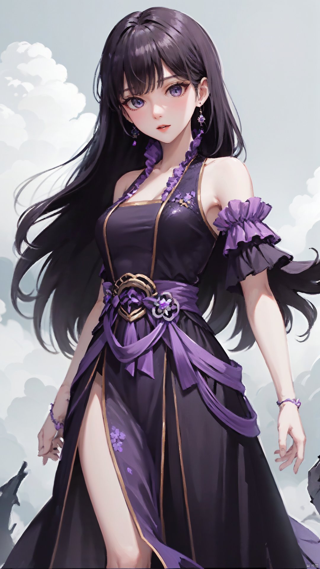  masterpiece,best quality,1girl, black hair, solo, dress, jewelry, earrings, long hair, bare shoulders, bangs, purple dress, cowboy shot, dynamic pose, dynamic angle,