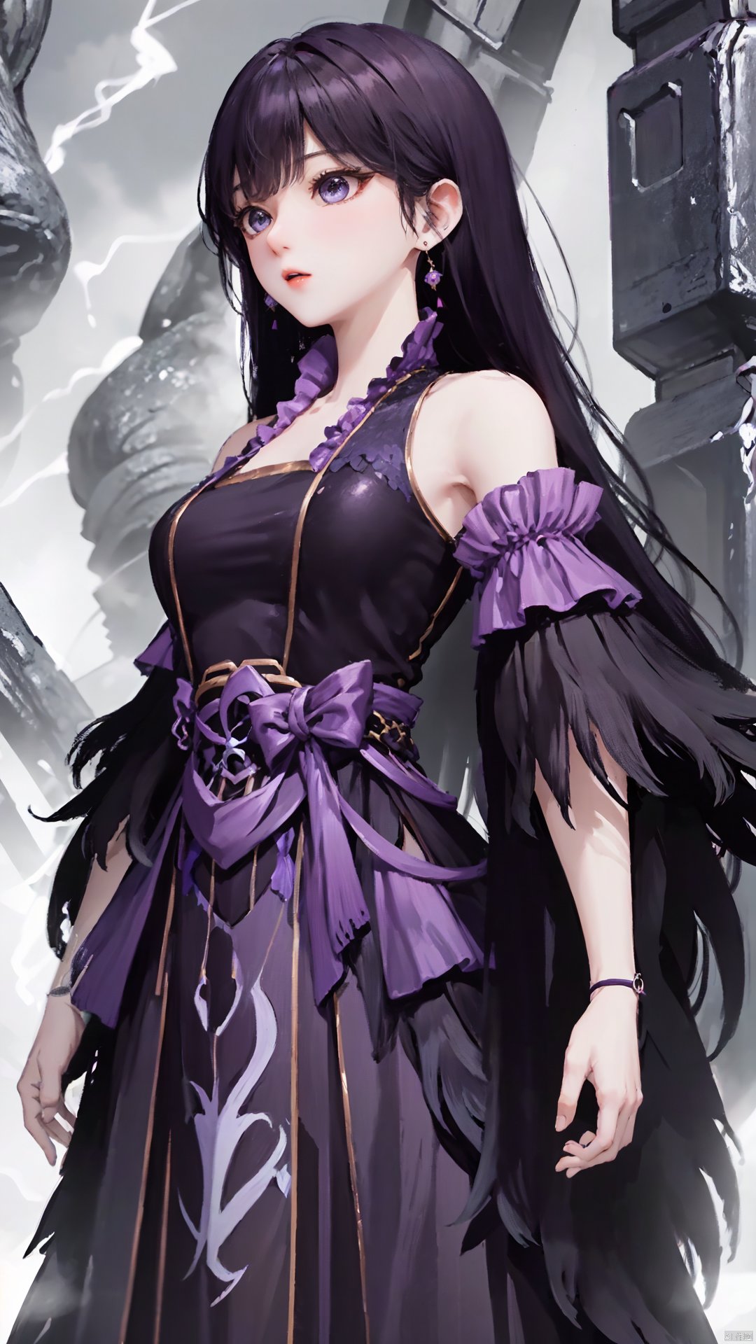  masterpiece,best quality,1girl, black hair, solo, dress, jewelry, earrings, long hair, bare shoulders, bangs, purple dress, cowboy shot, dynamic pose, dynamic angle,