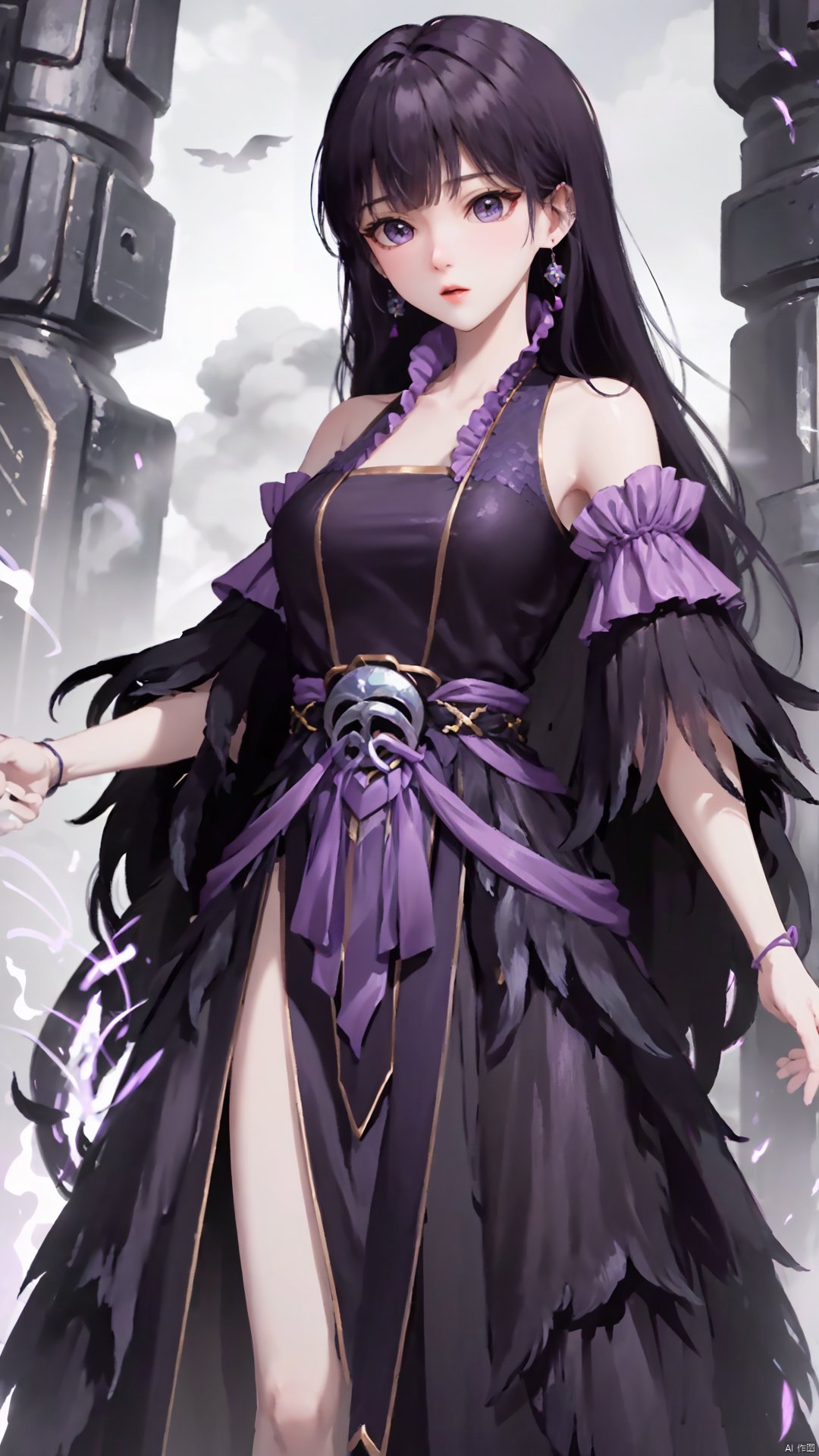  masterpiece,best quality,1girl, black hair, solo, dress, jewelry, earrings, long hair, bare shoulders, bangs, purple dress, cowboy shot, dynamic pose, dynamic angle,