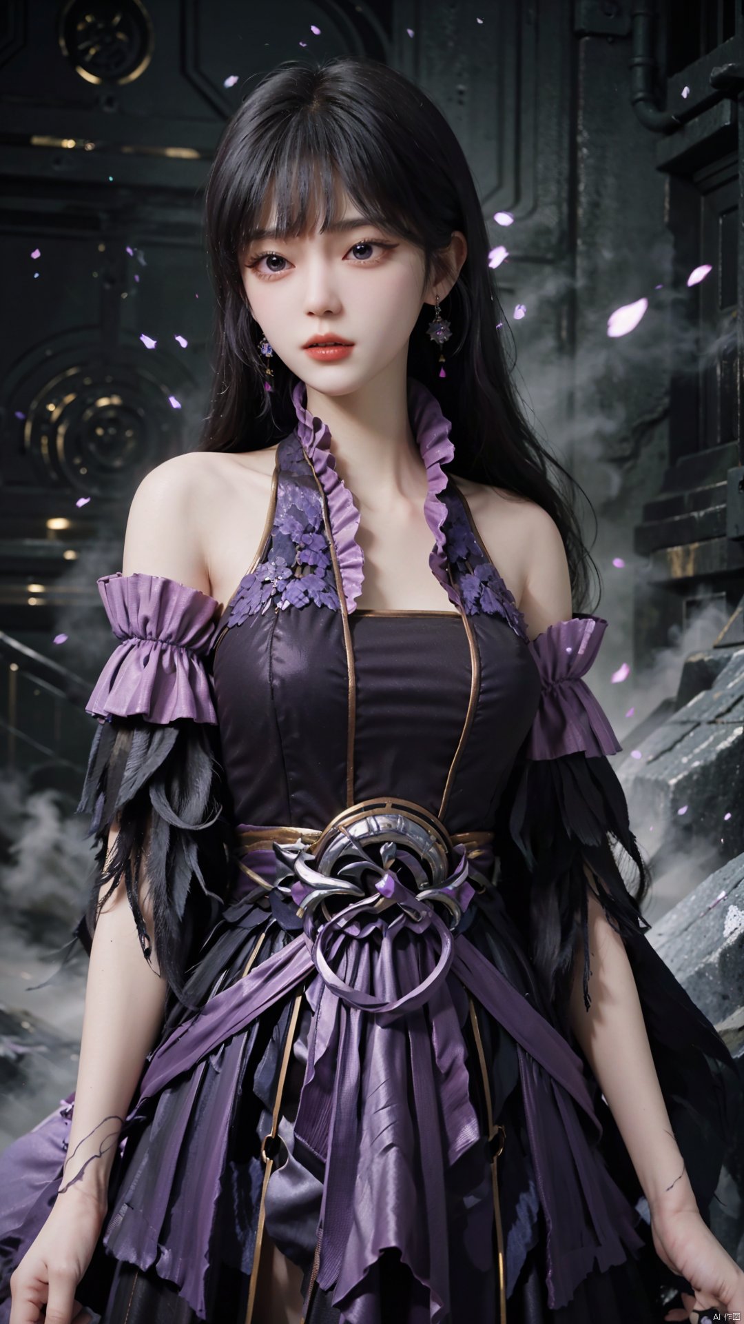  masterpiece,best quality,1girl, black hair, solo, dress, jewelry, earrings, long hair, bare shoulders, bangs, purple dress, cowboy shot, dynamic pose, dynamic angle,