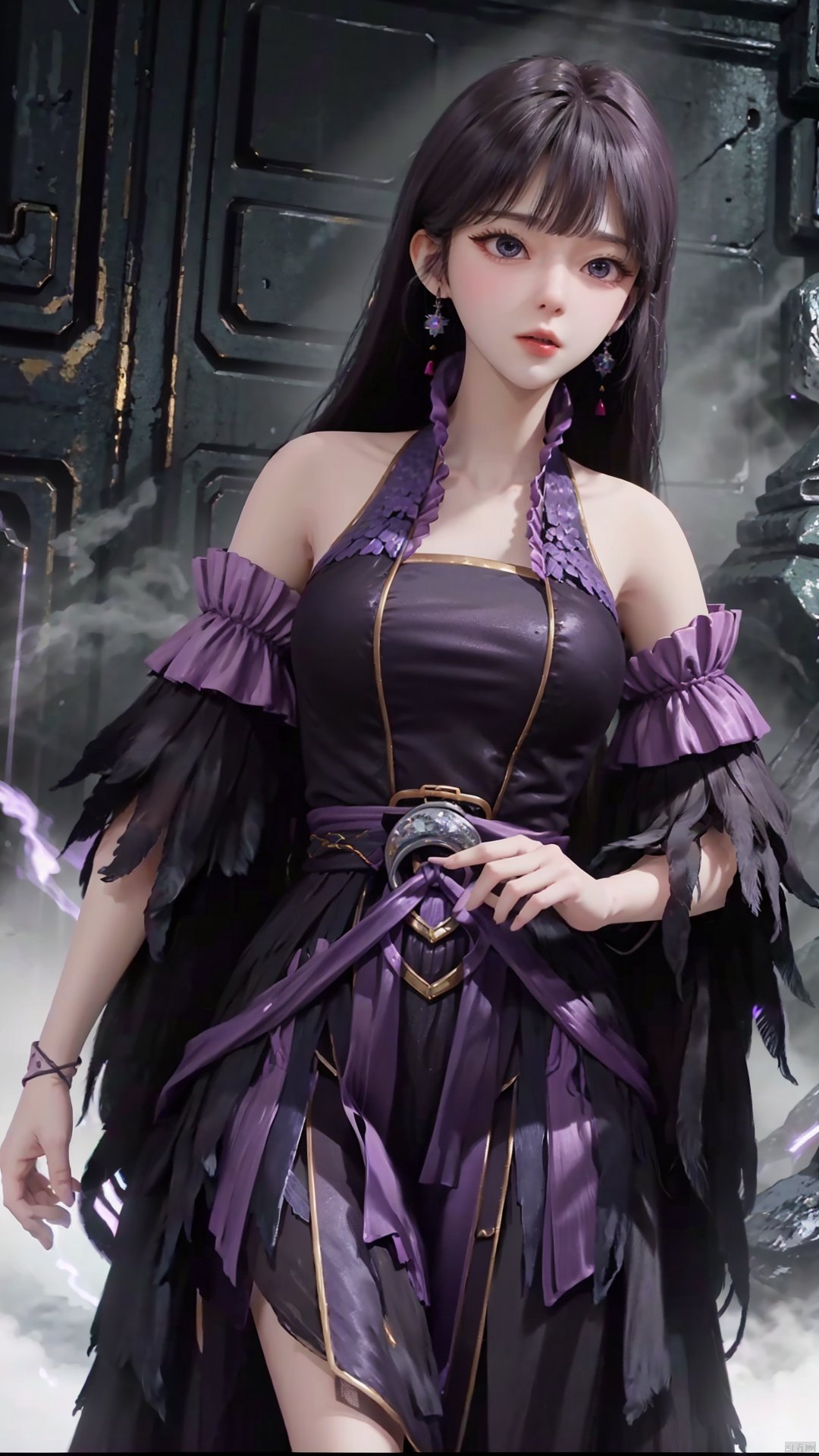  masterpiece,best quality,1girl, black hair, solo, dress, jewelry, earrings, long hair, bare shoulders, bangs, purple dress, cowboy shot, dynamic pose, dynamic angle,