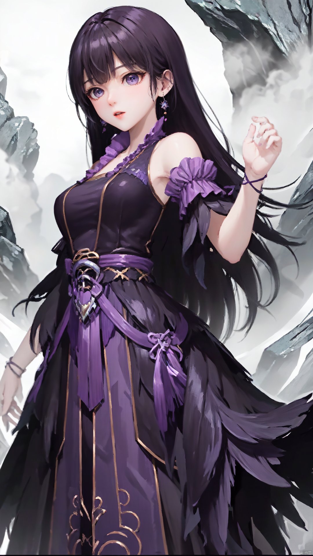  masterpiece,best quality,1girl, black hair, solo, dress, jewelry, earrings, long hair, bare shoulders, bangs, purple dress, cowboy shot, dynamic pose, dynamic angle,