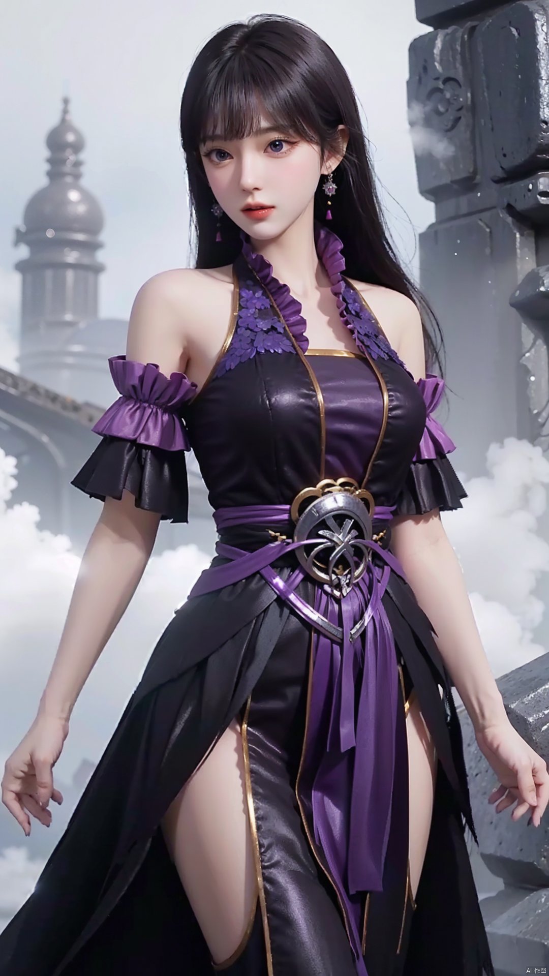  masterpiece,best quality,1girl, black hair, solo, dress, jewelry, earrings, long hair, bare shoulders, bangs, purple dress, cowboy shot, dynamic pose, dynamic angle,