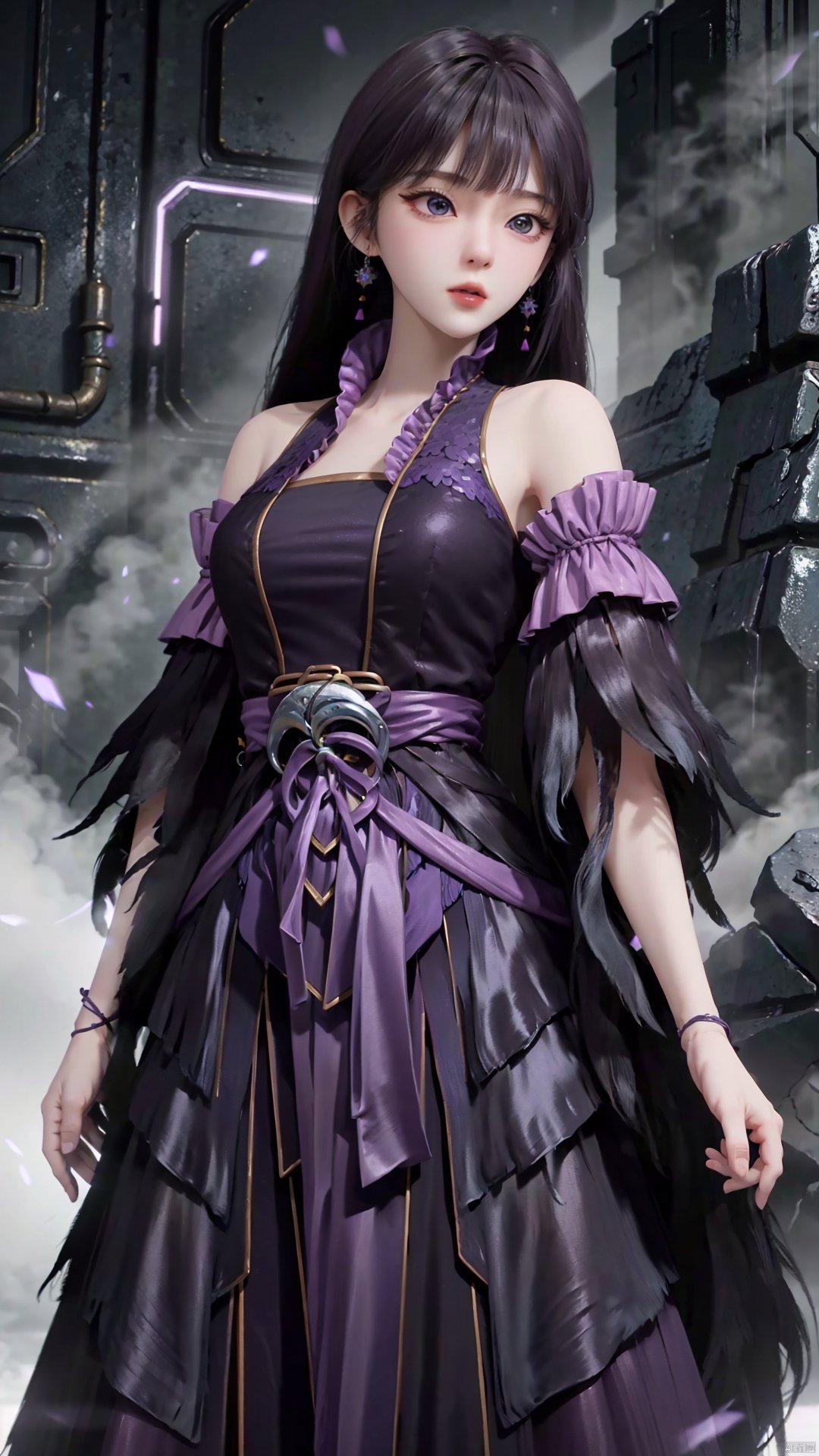  masterpiece,best quality,1girl, black hair, solo, dress, jewelry, earrings, long hair, bare shoulders, bangs, purple dress, cowboy shot, dynamic pose, dynamic angle,