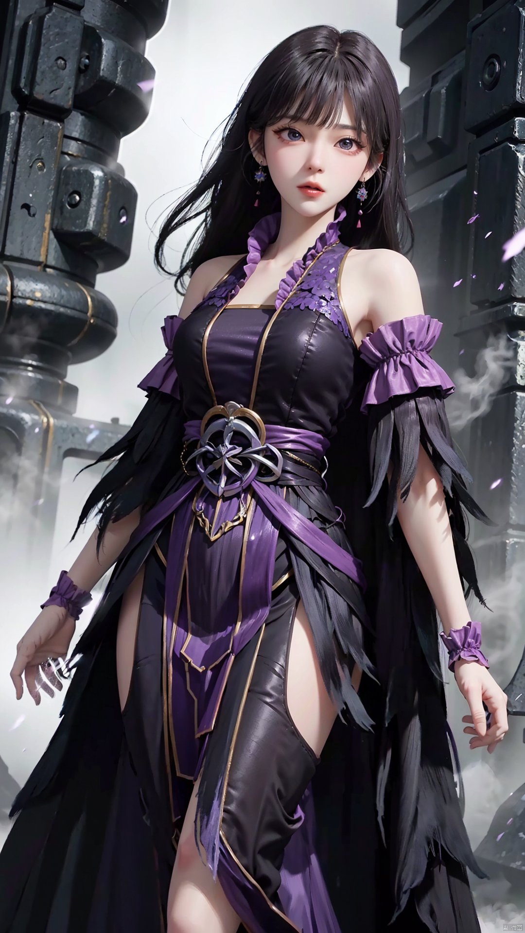  masterpiece,best quality,1girl, black hair, solo, dress, jewelry, earrings, long hair, bare shoulders, bangs, purple dress, cowboy shot, dynamic pose, dynamic angle,