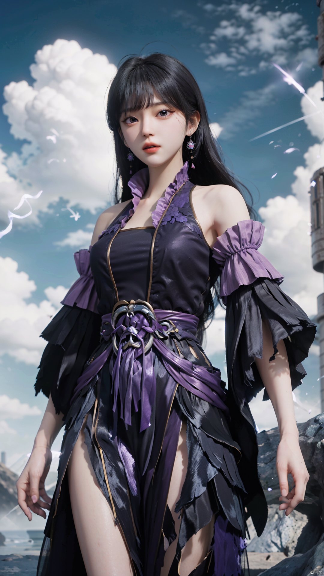  masterpiece,best quality,1girl, black hair, solo, dress, jewelry, earrings, long hair, bare shoulders, bangs, purple dress, cowboy shot, dynamic pose, dynamic angle,