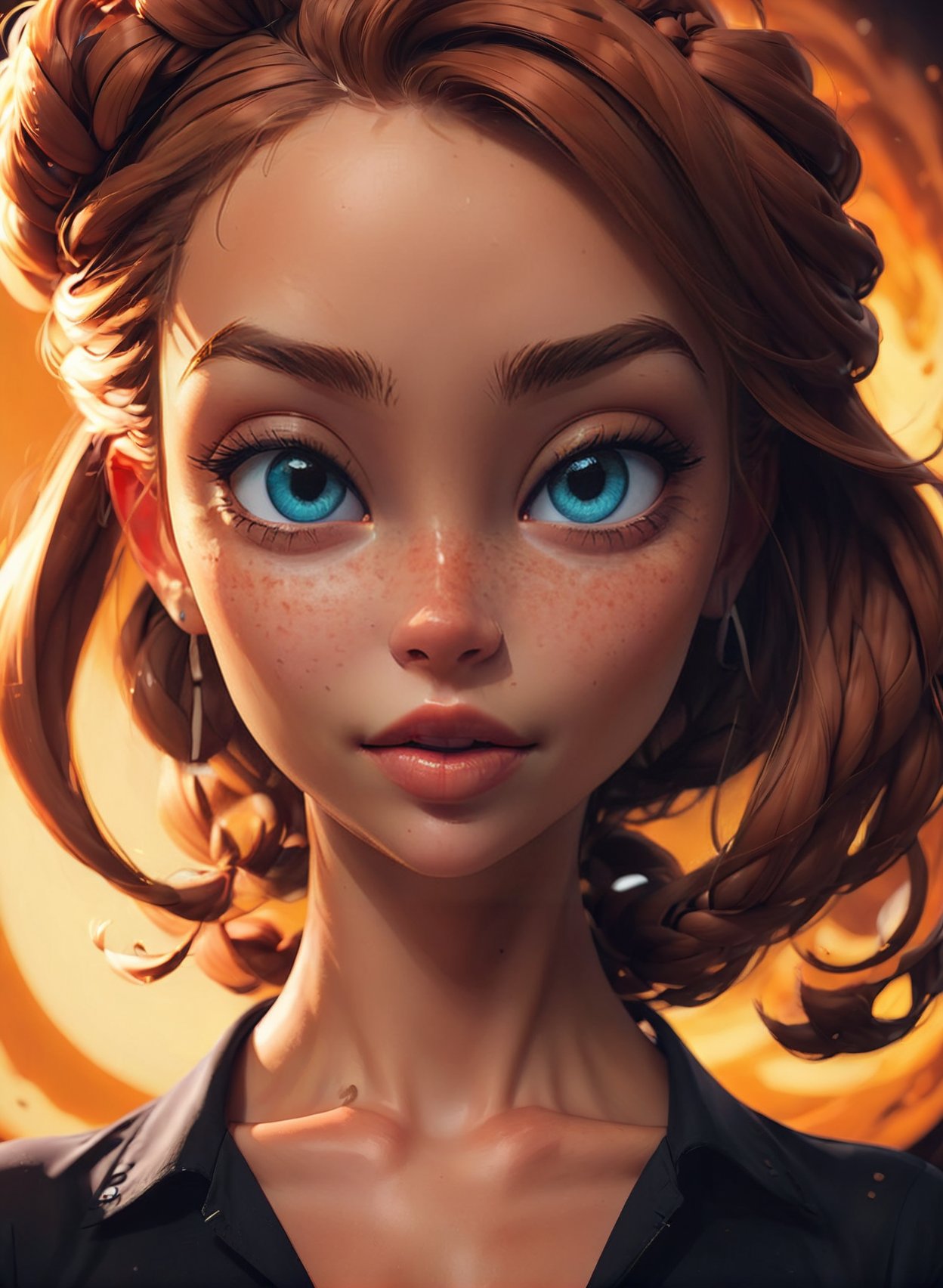 style by Ilya Kuvshinov best quality image of a hell-atmosphere, phenomenal playful shadows,amazing realistic light from above,majestic-braided hair,mesmerise-naughty,light-freckles-sunburned-face,party-makeup,tattoo,breathtaking crispy-detailed, thick-lips, realistic-eye,unscrupulous-smile  aesthetic joyful souleater1phantom in a casting seat