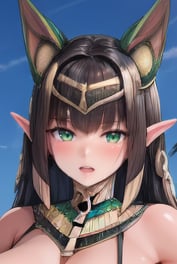 1girl,breasts,egyptian,solo,dark-skinned female,dark skin,pointy ears,green eyes,jackal ears,black hair,outdoors,animal ears,huge breasts,long hair,swimsuit,thighs,tree,bikini,curvy,sky,navel,thick thighs,ankh,plump,water,jewelry,dark elf,looking at viewer,elf,wet,cloud,egyptian clothes,shiny skin,palm tree,day,shiny,lips ,<lora:last origin:1>,<lora:ClothingAdjuster3:-1>