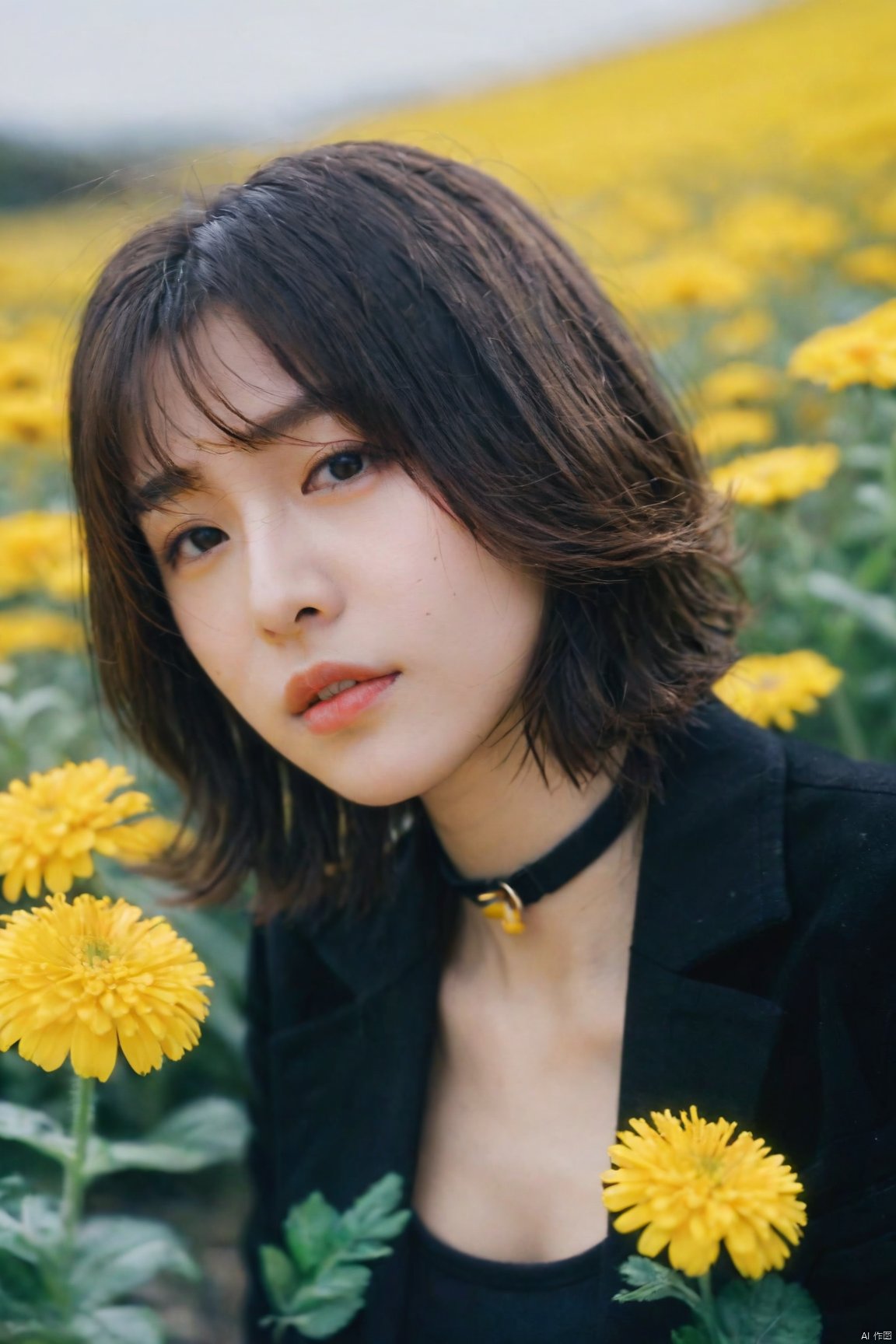 jastyle, 1girl, solo, upper body, flower, outdoors, choker, black jacket, black shirt, depth of field, blurry background, black choker, facing viewer, realistic, yellow flower,<lora:EMS-258506-EMS:0.600000>