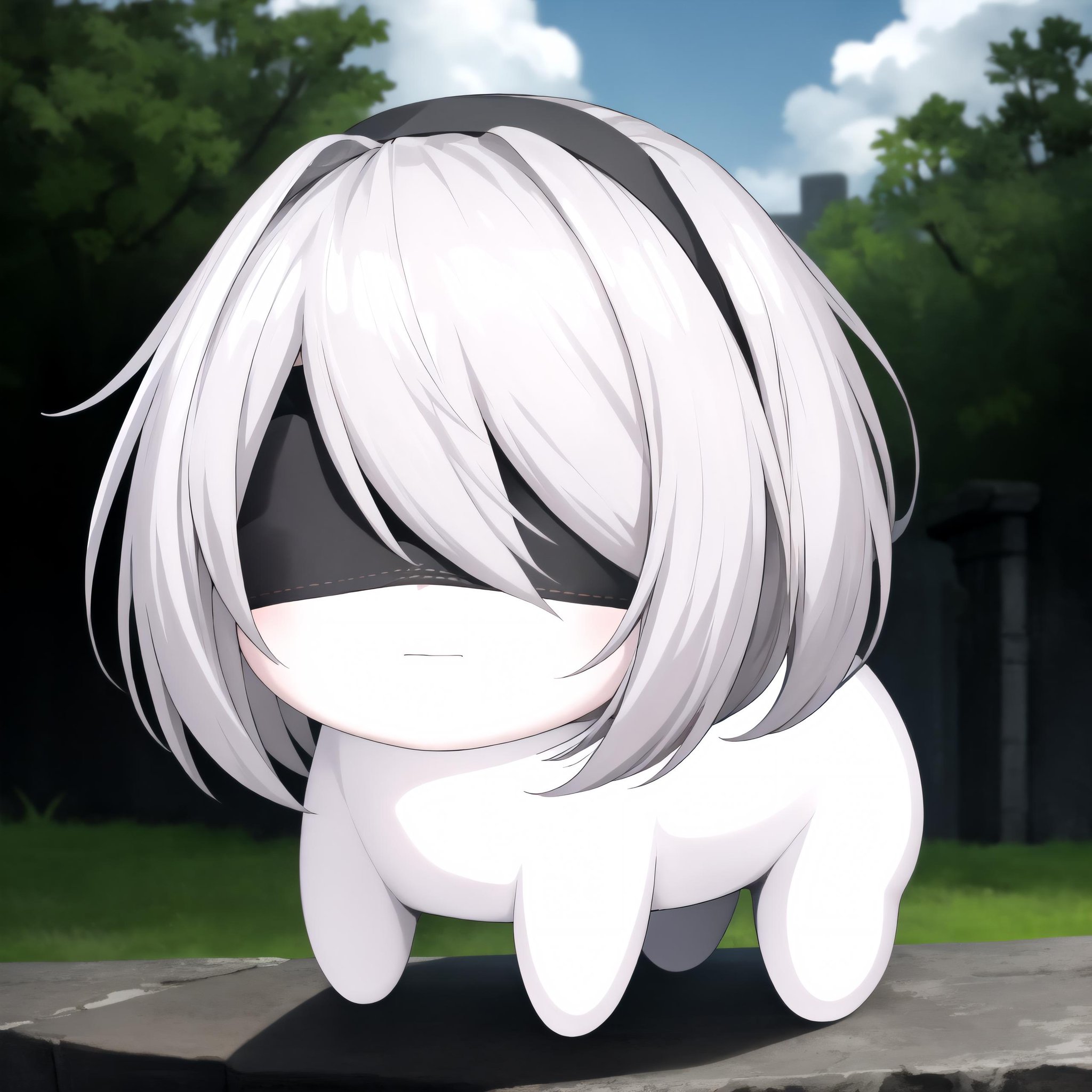 <lora:DoroV13-000020:1> masterpiece, best quality, doro, creature, chibi, outdoors, <lora:Yorha_2B-DEF:0.8> 2B, blindfold, white skin, pale skin, expressionless, 