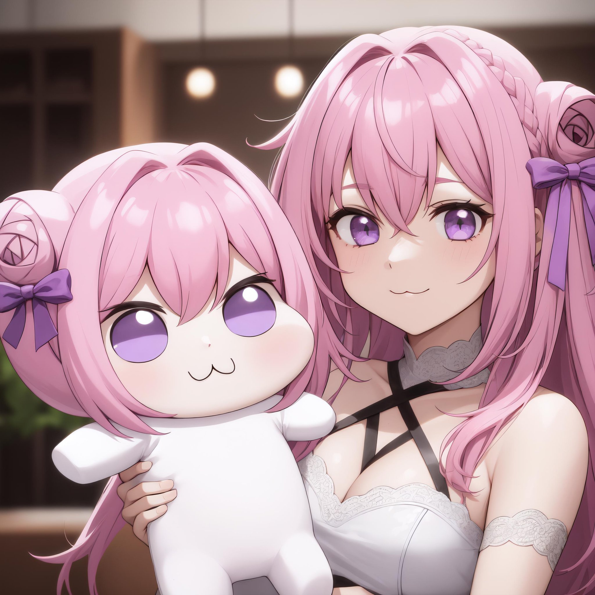 <lora:DoroV13-000020:0.8> masterpiece, best quality, doro, creature, chibi, ;3, pink hair, purple eyes, hair bun, hair bow, holding creature, multiple girls