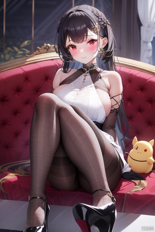 1girl,  breasts,  gloves,  manjuu \(azur lane\),  pantyhose,  feet,  high heels,  elbow gloves,  looking at viewer,  official alternate costume,  black hair,  red eyes,  blush,  black pantyhose,  bare shoulders,  solo,  long hair,  dress,  black gloves,  shoes,  large breasts,  legs,  hair ornament,  brown gloves,  sitting,<lora:EMS-258569-EMS:1.000000>,<lora:EMS-7720-EMS:-0.500000>