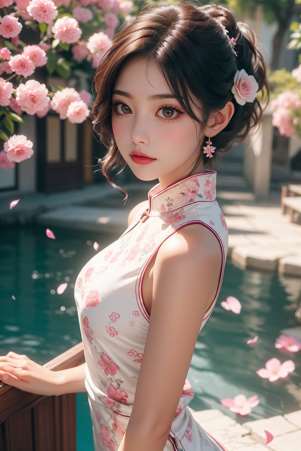 extremely detailed,realistic,1girl,looking at viewer,side,beauty,floating petals,blurry background,HYD,Split Lighting,deep shadow,cowboy shot,white dress,floating petals,Kpop_idol face,short hair,jitome