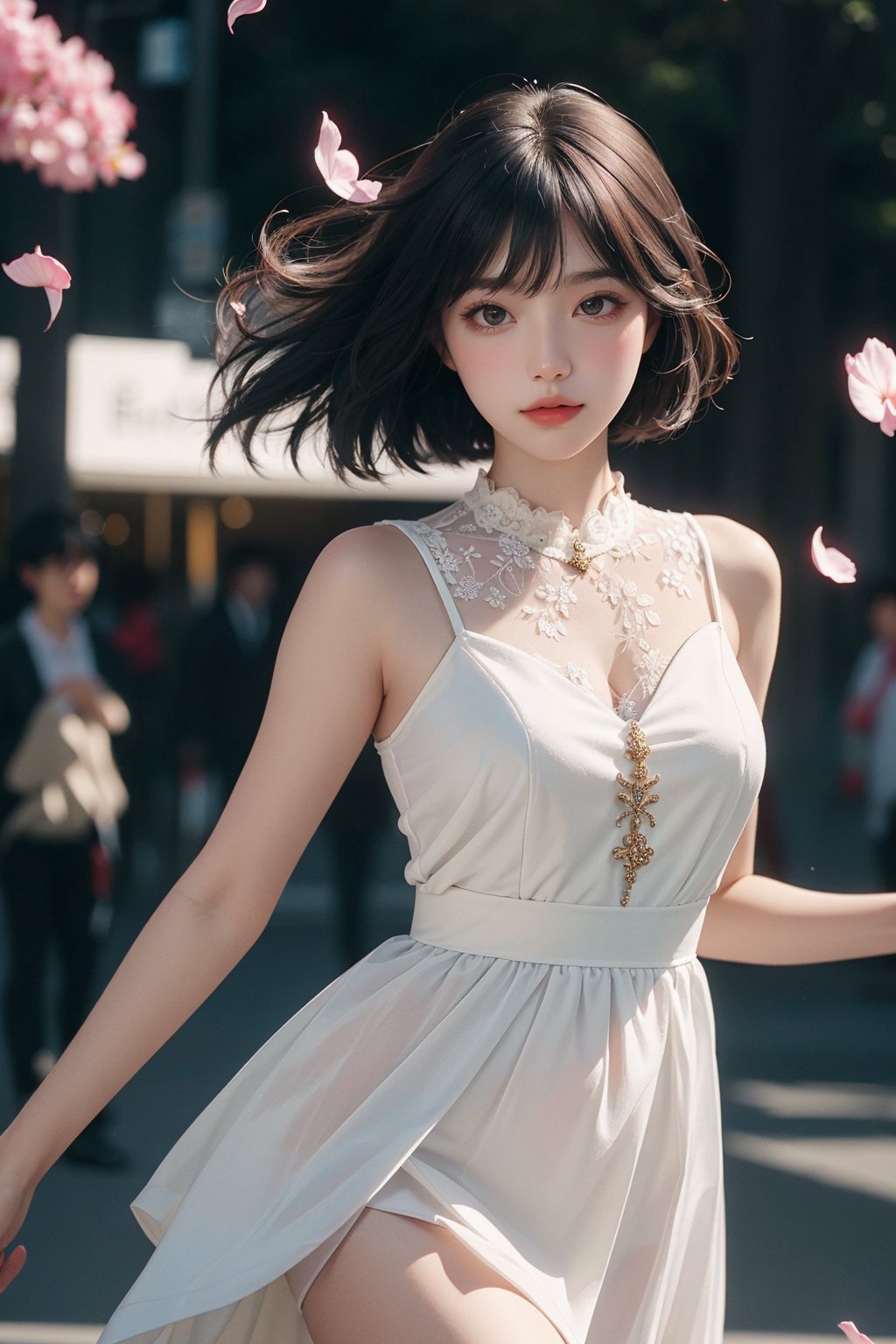 extremely detailed,realistic,1girl,looking at viewer,side,beauty,floating petals,blurry background,HYD,Split Lighting,deep shadow,cowboy shot,white dress,floating petals,Kpop_idol face,short hair,jitome