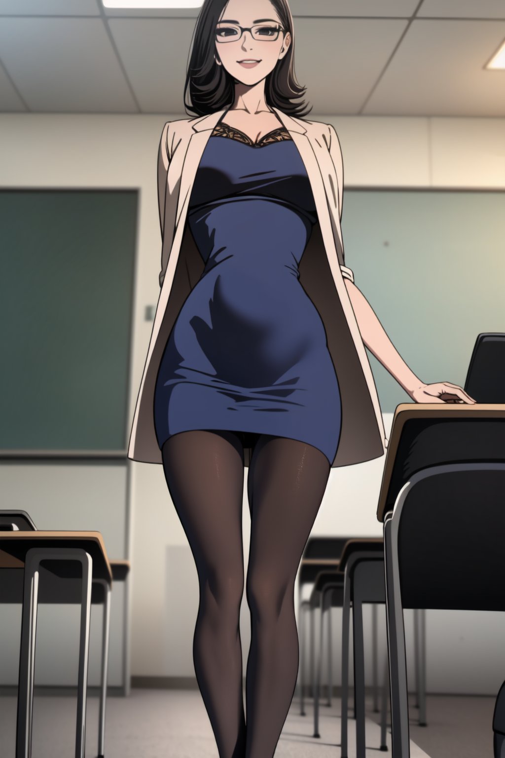 masterpiece,best quality,delicate face,(pretty girl),coat,shirt,skirt,pantyhose,interior,teacher,classroom,chalkboard,smile,glasses,perfect figure,Slim figure,(black hair),chest tightness,backlight,((delicate facial features)),delicate hairstyle,super fine,attention to facial details,((extreme details)),masterpiece,perfect,first-class,highlights,bright and colorful tones,3D,high resolution,1 girl,gorgeously dressed,transparent,<lora:teach:1>,<lora:肚脐消失丹:1>,<lora:sakimichan:1>