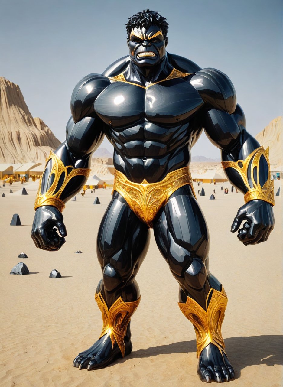 Full length shot, (Obsidian_Gold, Hulk:1.7), in desert,masterpiece, best quality, high quality, 4K, beautiful design,Obsidian_Gold