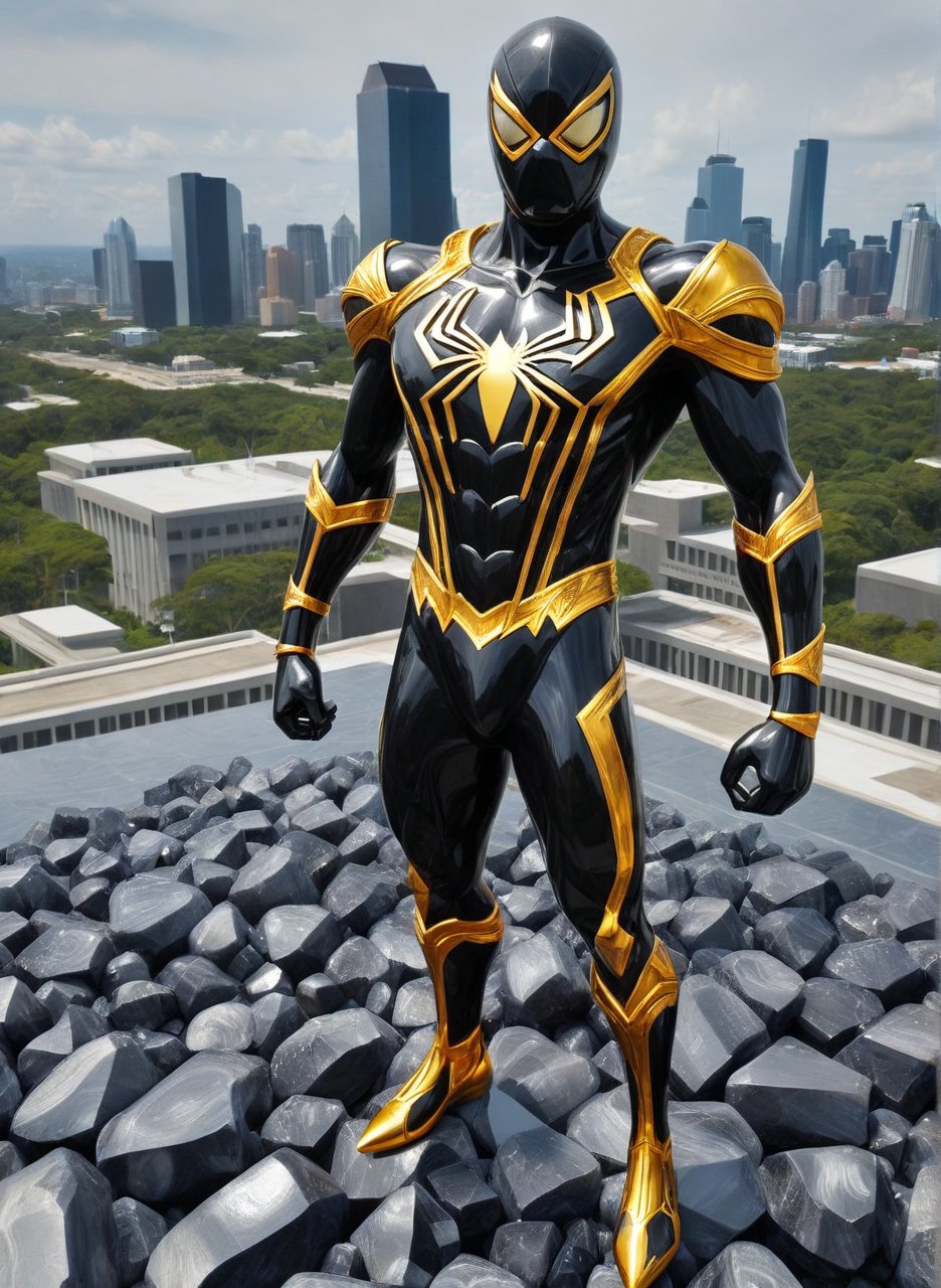 Full length shot, (Obsidian_Gold, Spiderman:1.7), on roof,