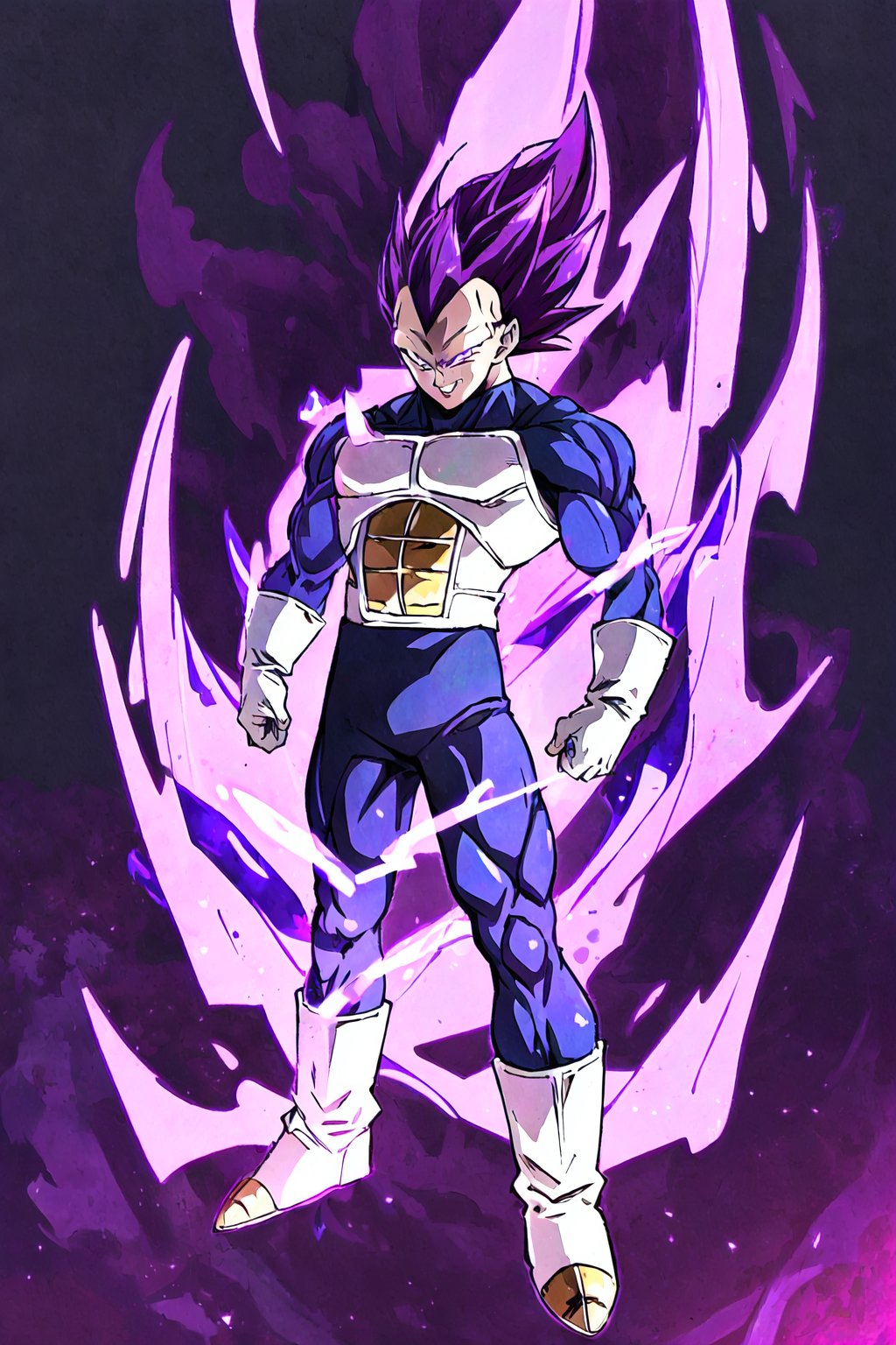 UE_vegeta, 1boy, male focus, muscles, purple hair, purple eyes, no eyebrows,1boy, smile, purple aura,r1ge, full body,Black