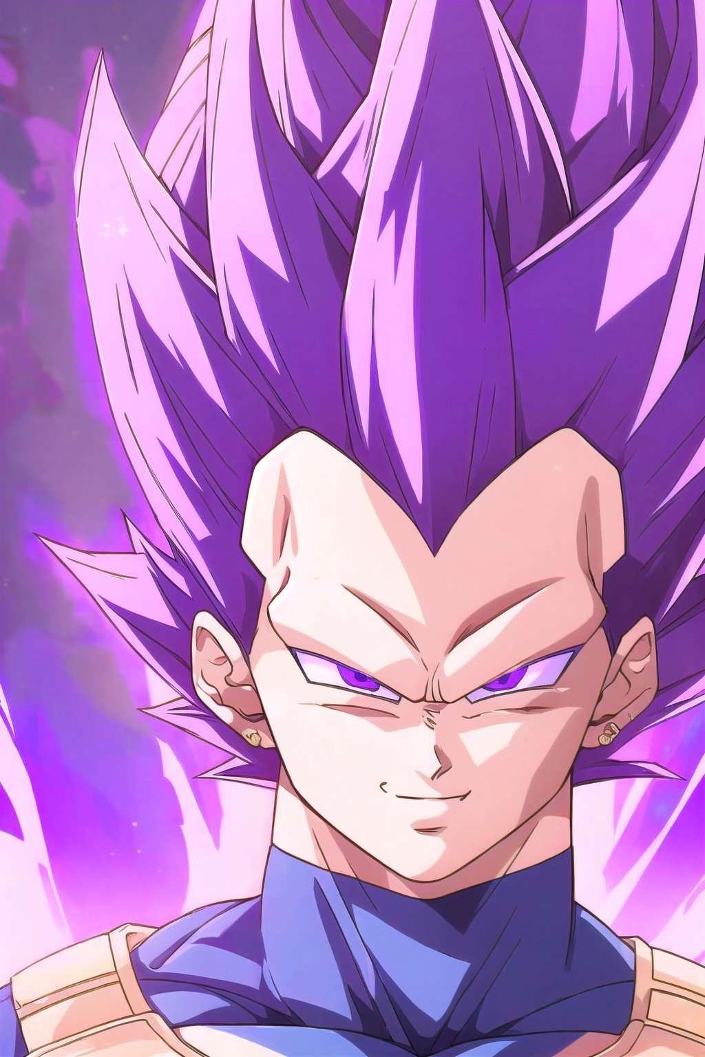 UE_vegeta, 1boy, male focus, muscles, purple hair, purple eyes, no eyebrows,1boy, smile, purple aura, portrait