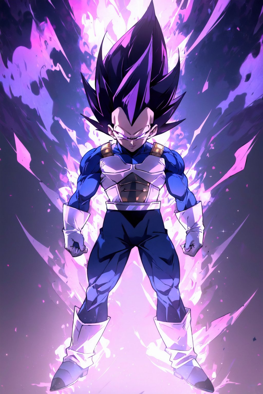 UE_vegeta, 1boy, male focus, muscles, purple hair, purple eyes, no eyebrows,1boy, smile, purple aura,r1ge, full body