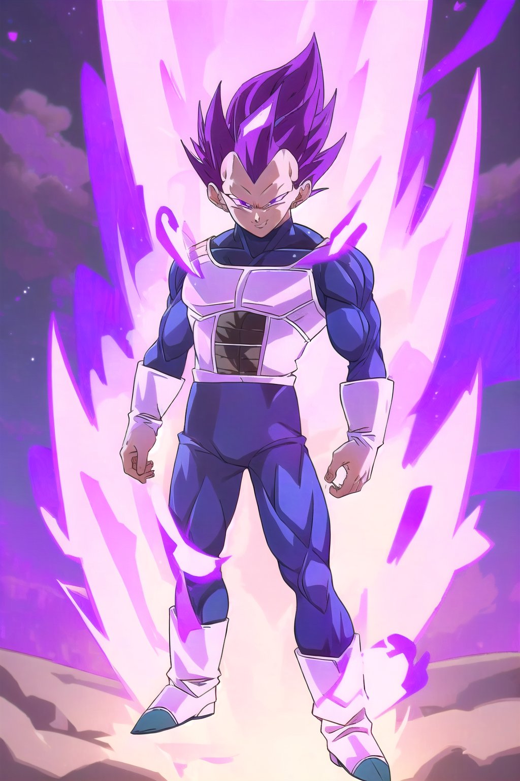 UE_vegeta, 1boy, male focus, muscles, purple hair, purple eyes, no eyebrows,1boy, smile, purple aura,full body