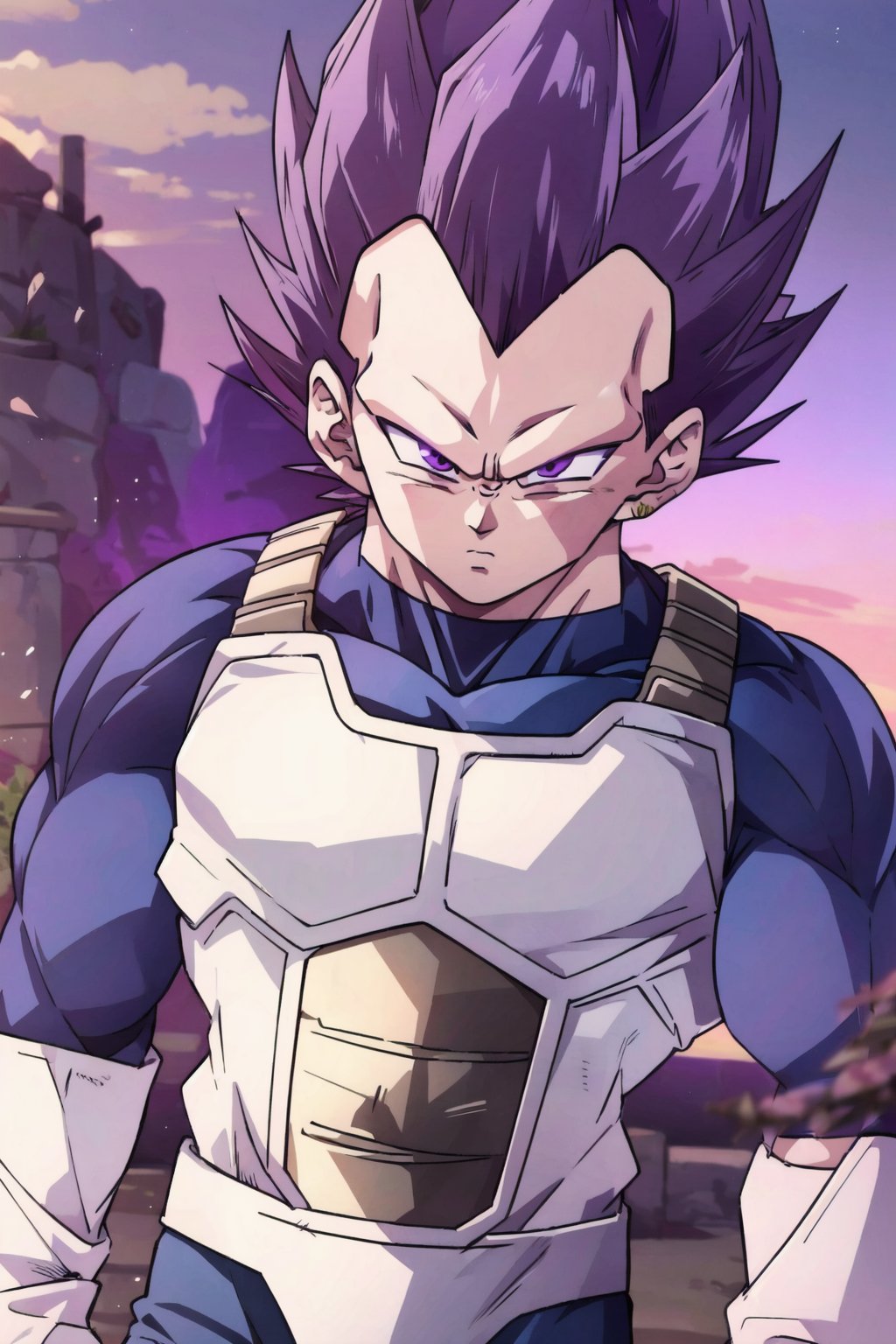 UE_vegeta, 1boy, male focus, muscles, purple hair, purple eyes, no eyebrows