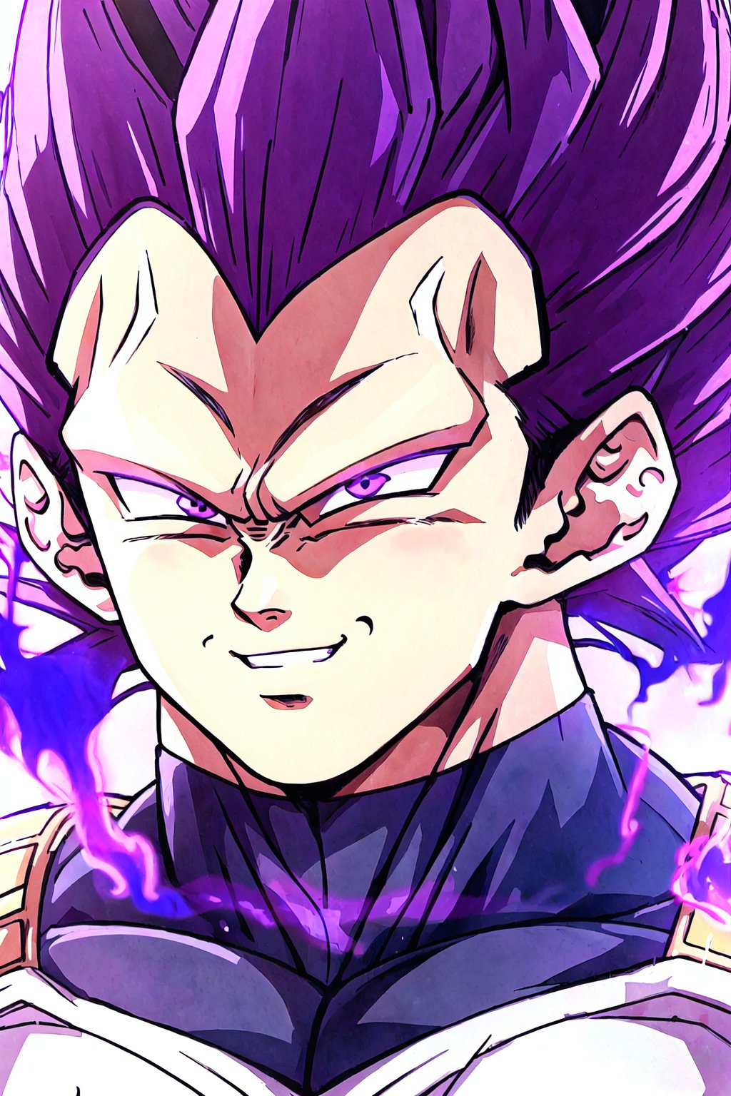 UE_vegeta, 1boy, male focus, muscles, purple hair, purple eyes, no eyebrows,1boy, smile, purple aura,Black, portrait