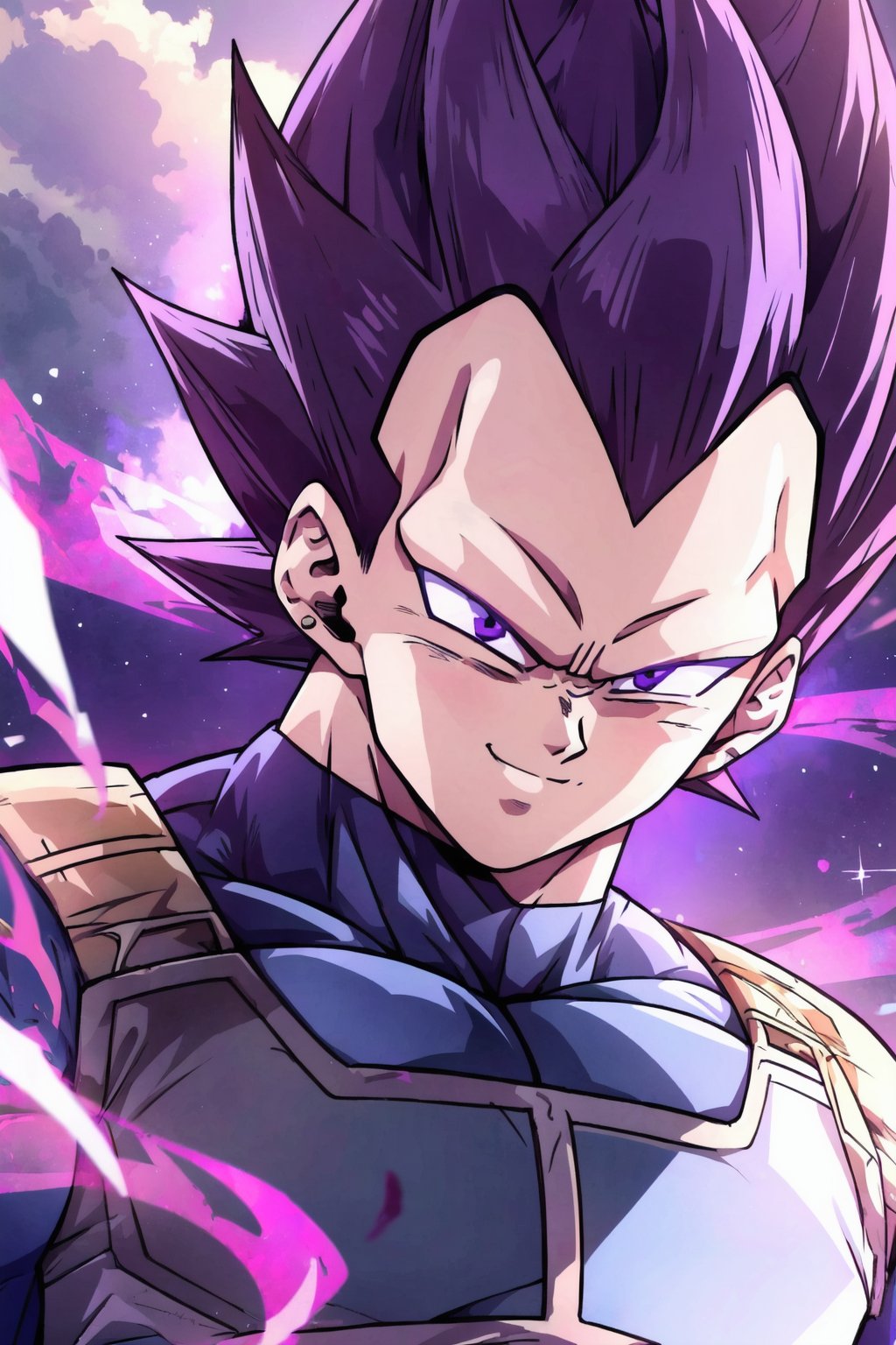 UE_vegeta, 1boy, male focus, muscles, purple hair, purple eyes, no eyebrows,1boy, smile, purple aura