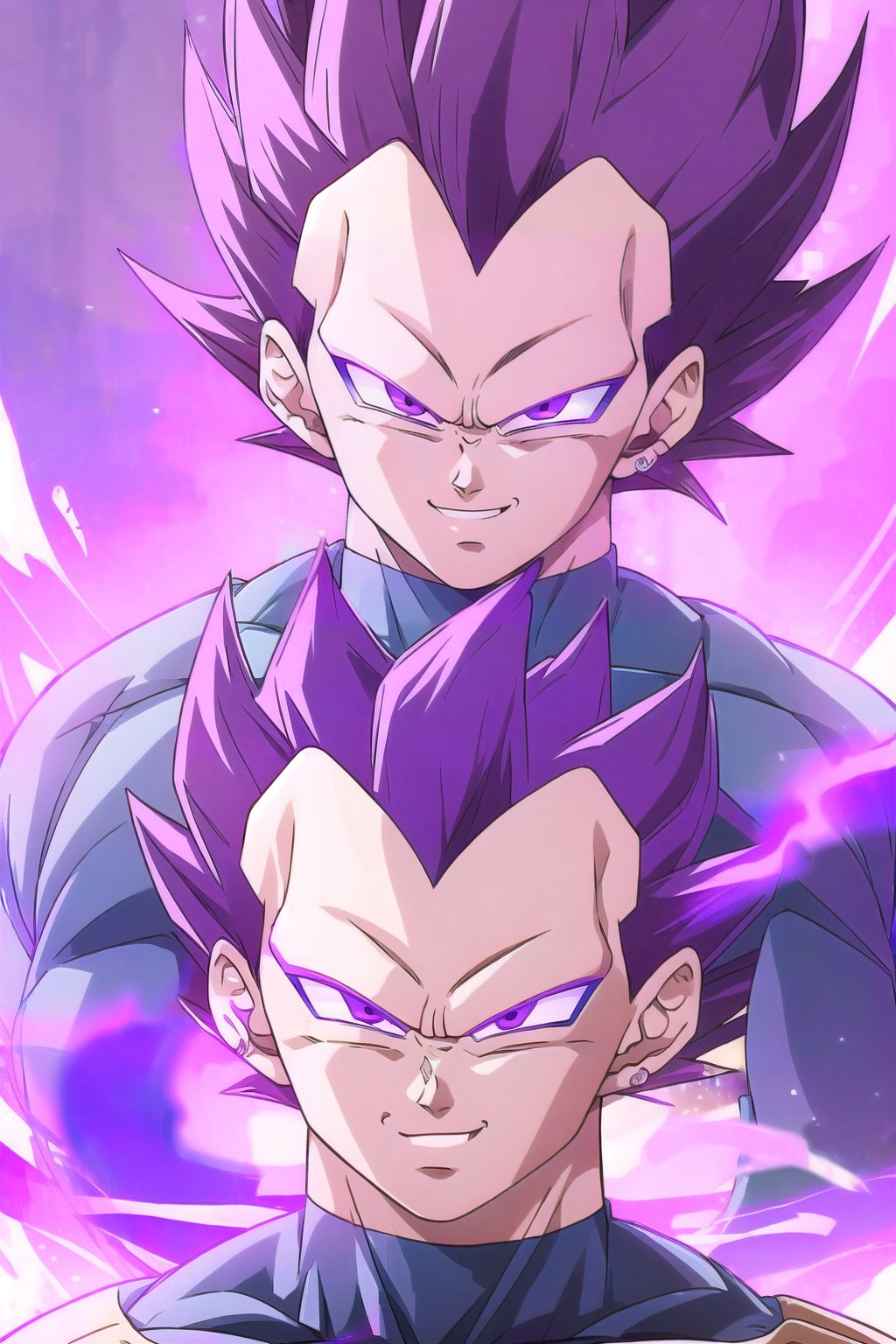 UE_vegeta, 1boy, male focus, muscles, purple hair, purple eyes, no eyebrows,1boy, smile, purple aura,Black, portrait